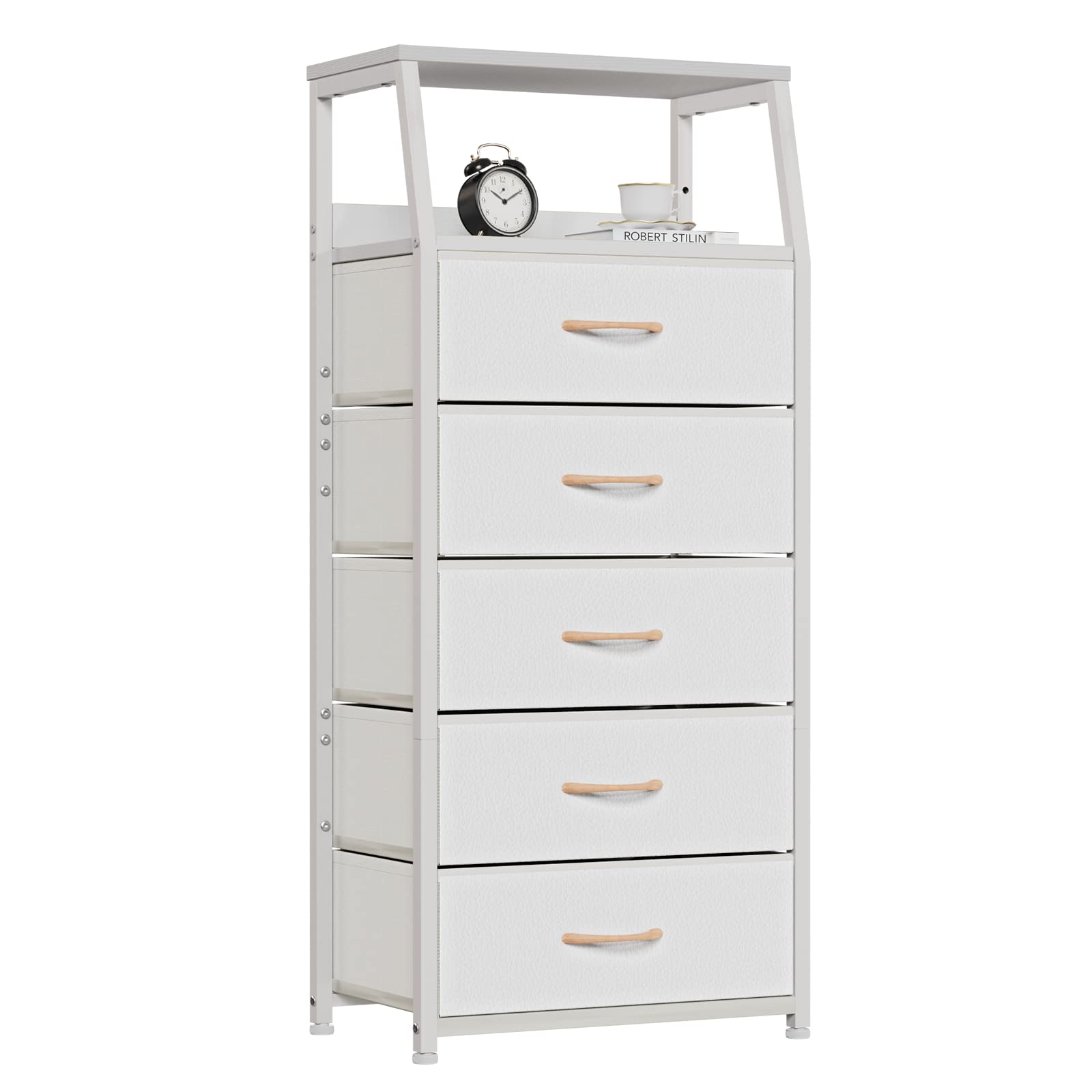 Furnulem White Tall Dresser for Bedroom, 5 Fabric Bins Tall Nightstand