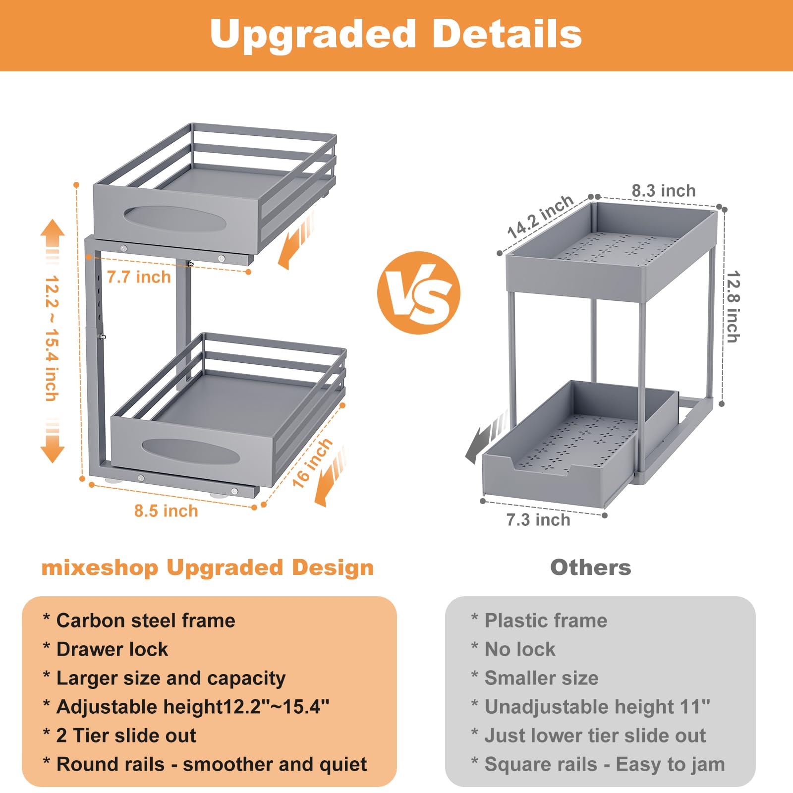 Under Sink Organizer, 2 Tier Under Sink Organizers and Storage, Adjustable Height, Slide out Metal Cabinet Organizers, Pull out Cabinet Storage Drawer Shelf for Kitchen Bathroom (Gray, 1 Pack)