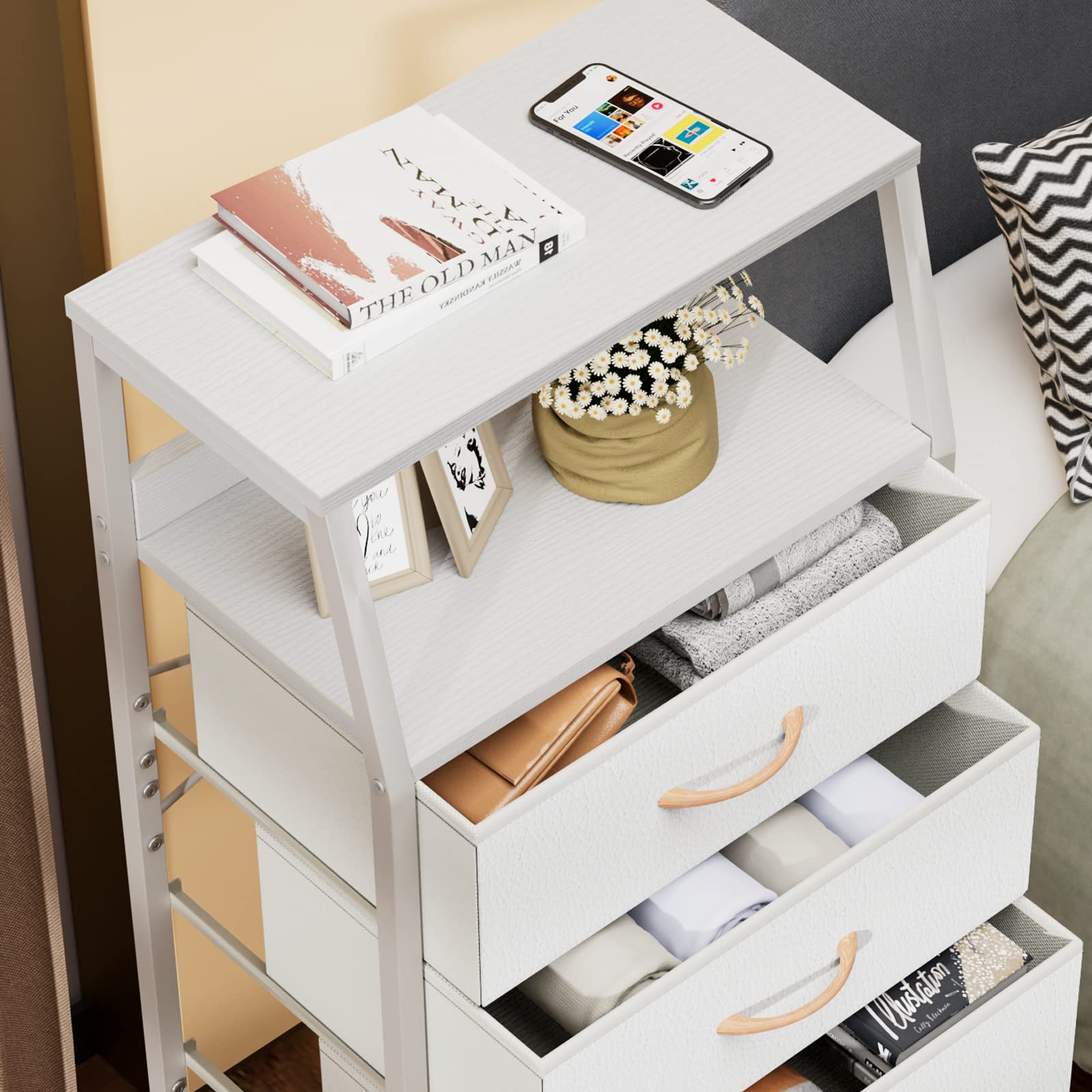 Furnulem White Tall Dresser for Bedroom, 5 Fabric Bins Tall Nightstand