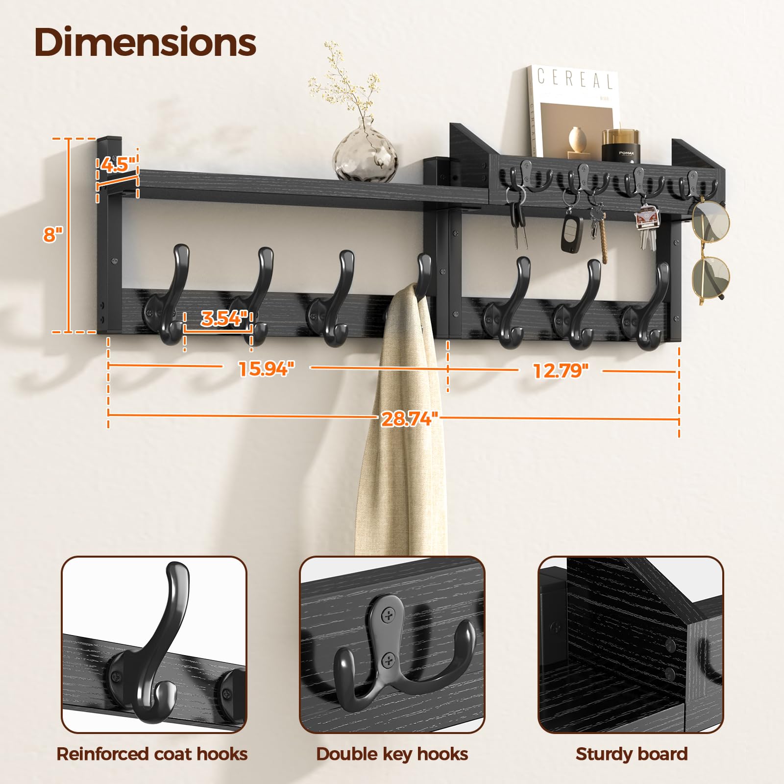 Evermagin 29" Coat Rack Wall Mount with Shelf for Entryway, Black