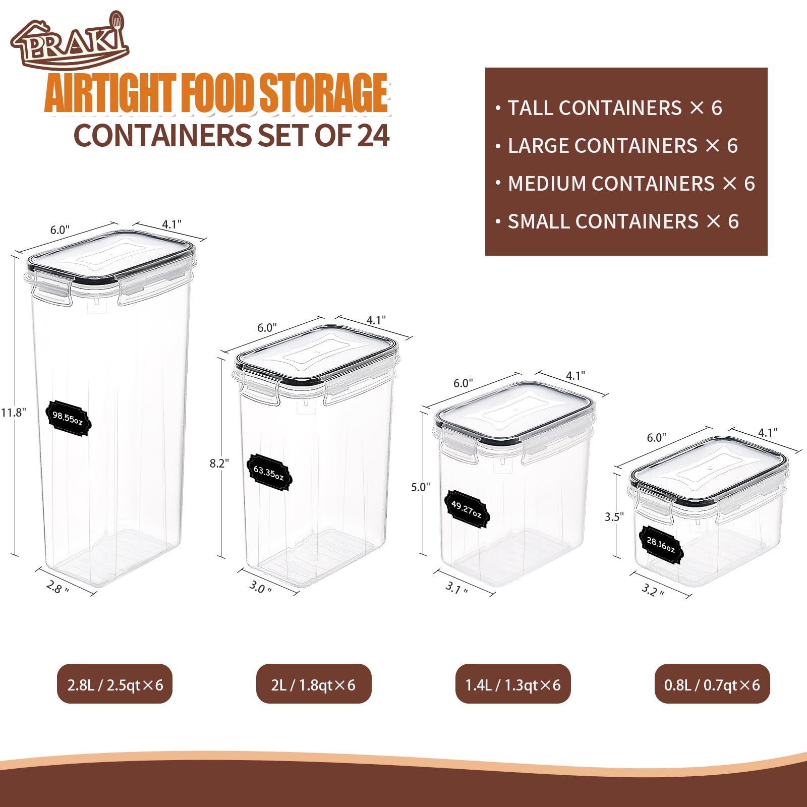 PRAKI Airtight Food Storage Containers Set with Lids - 24 PCS, BPA Free