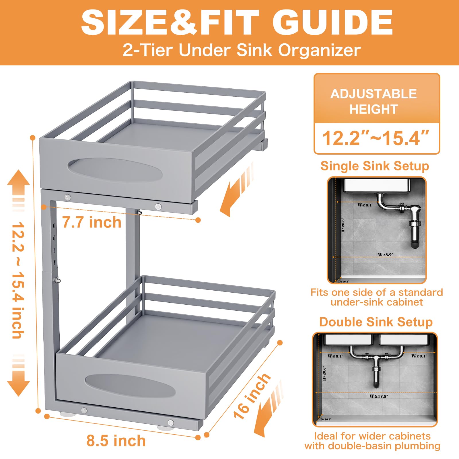 Under Sink Organizer, 2 Tier Under Sink Organizers and Storage, Adjustable Height, Slide out Metal Cabinet Organizers, Pull out Cabinet Storage Drawer Shelf for Kitchen Bathroom (Gray, 1 Pack)