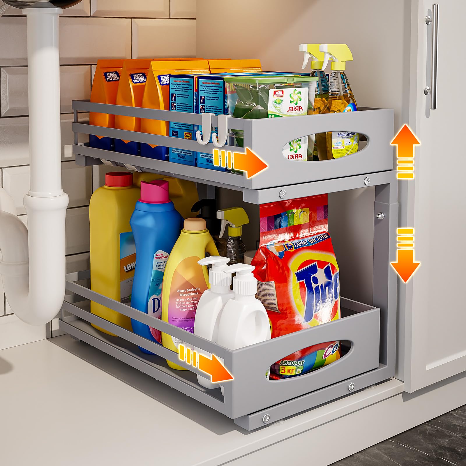 Under Sink Organizer, 2 Tier Under Sink Organizers and Storage, Adjustable Height, Slide out Metal Cabinet Organizers, Pull out Cabinet Storage Drawer Shelf for Kitchen Bathroom (Gray, 1 Pack)