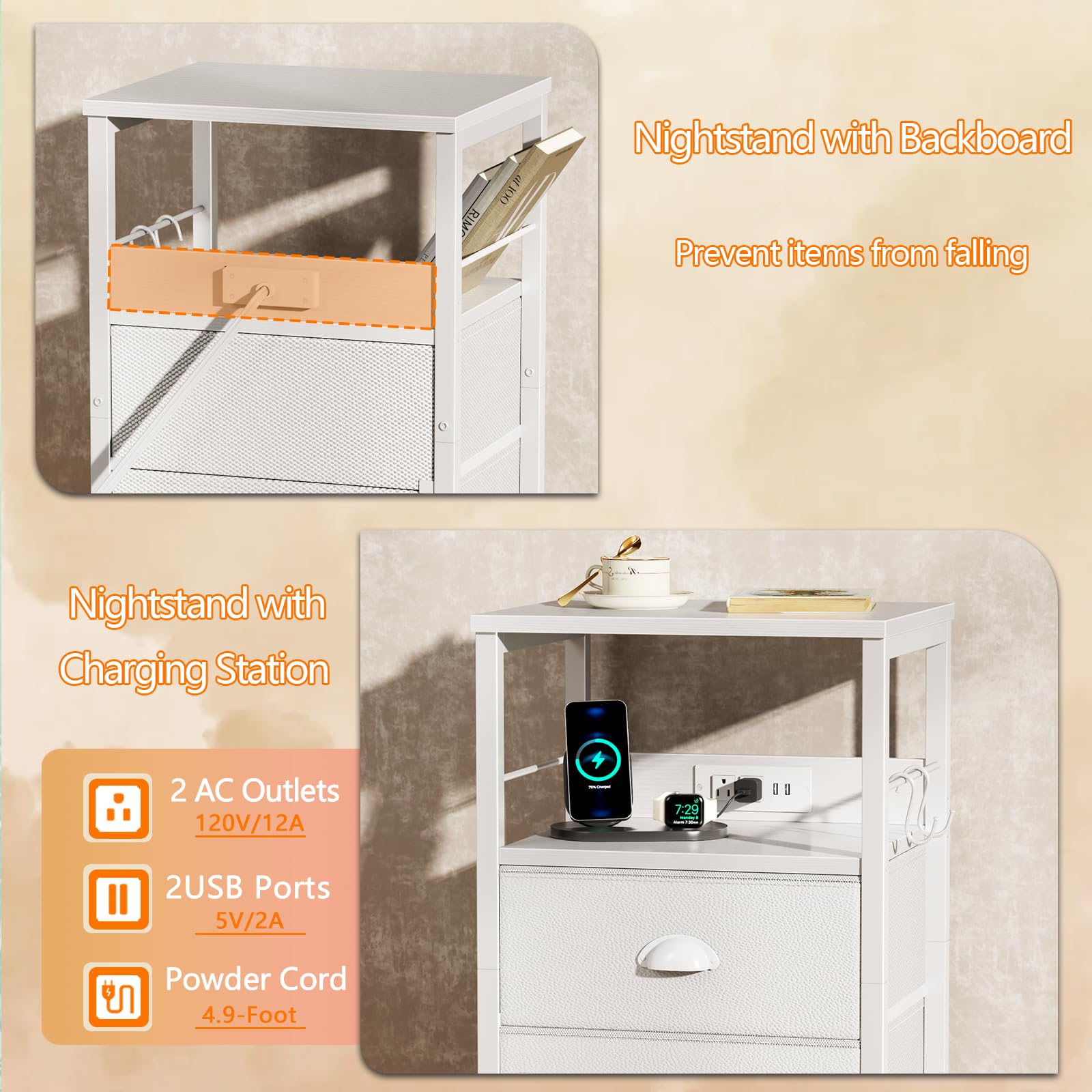 Furologee Night Stand with Charging Station, 2 Fabric Drawers, White