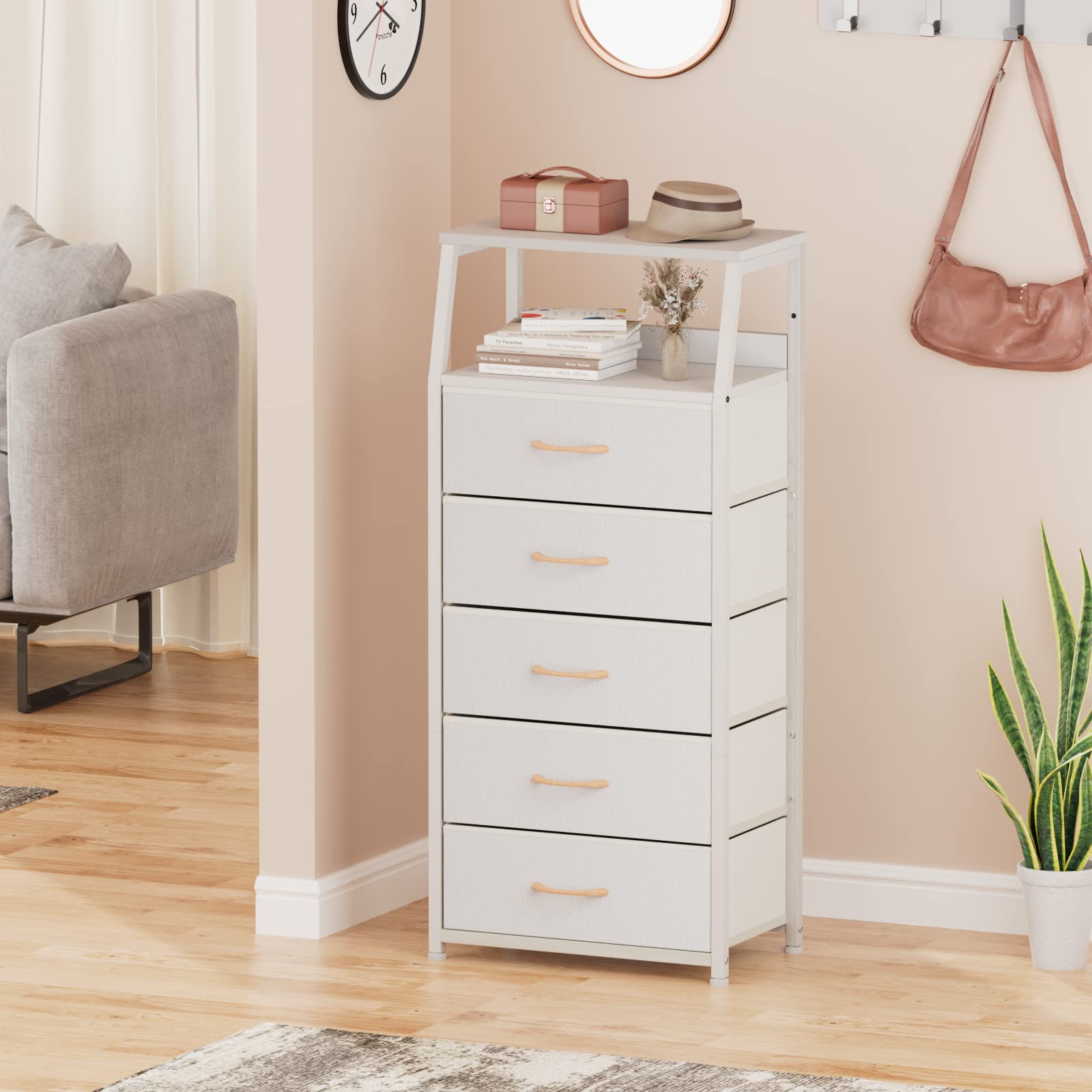 Furnulem White Tall Dresser for Bedroom, 5 Fabric Bins Tall Nightstand