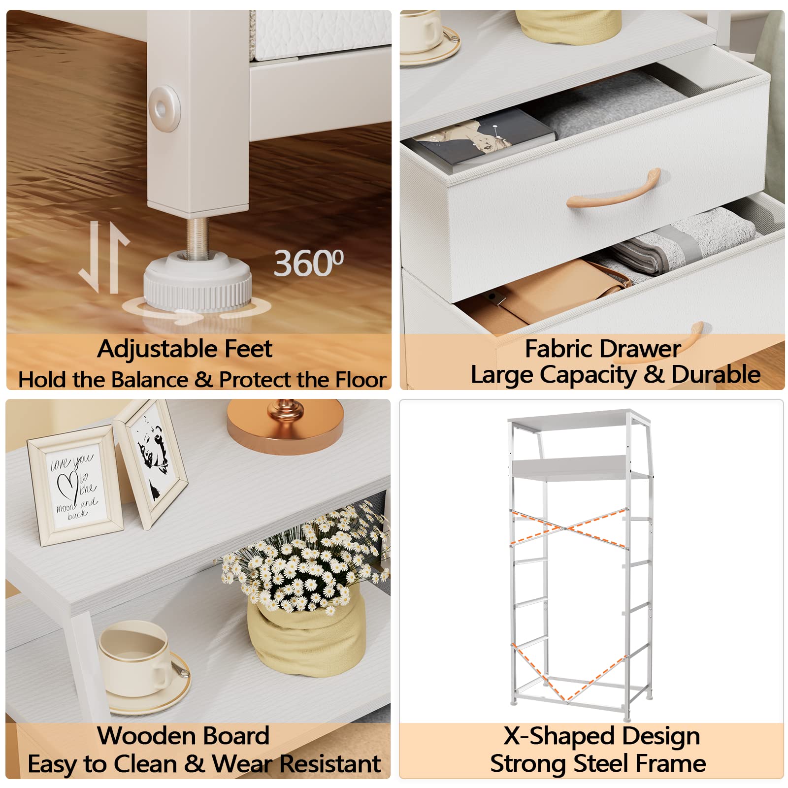 Furnulem White Tall Dresser for Bedroom, 5 Fabric Bins Tall Nightstand