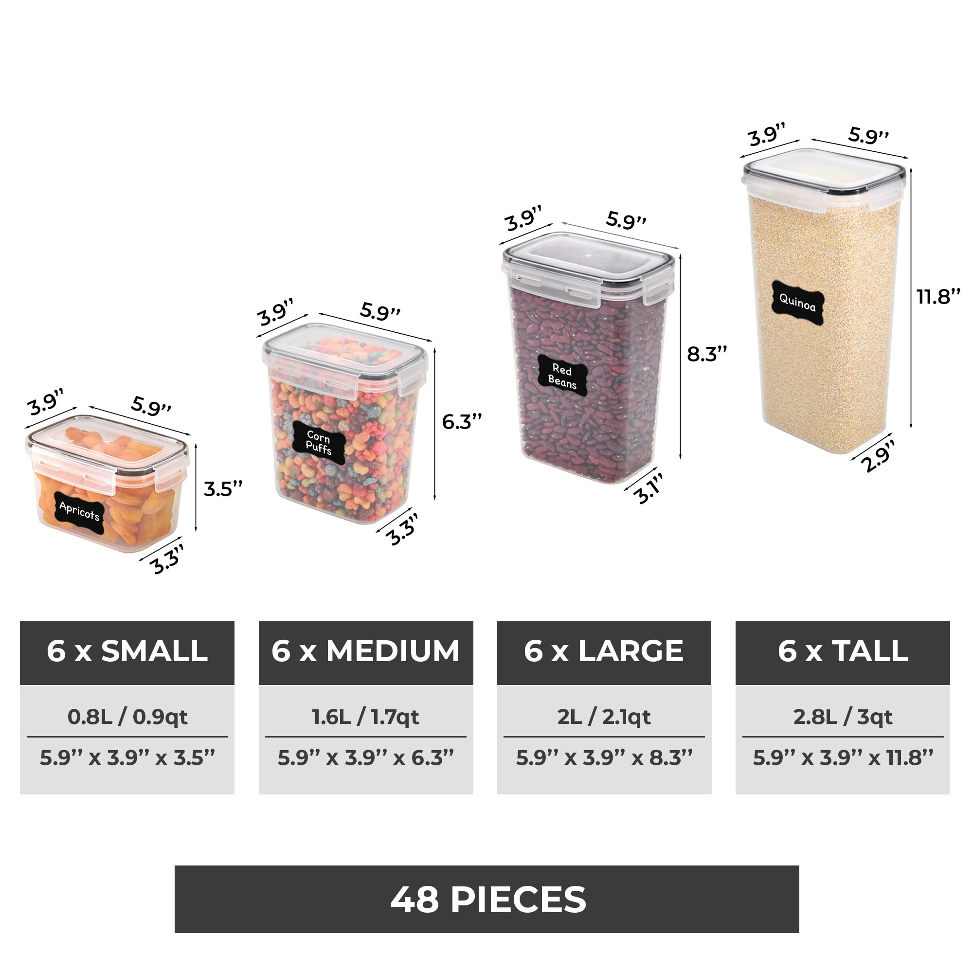 Freshware Kitchen Storage Containers with Lids, 48 PCS Airtight Food Storage Containers, Plastic Kitchen Containers, Pantry Containers for Cereal, Dry Food, Includes Labels, Marker & Measuring Spoons