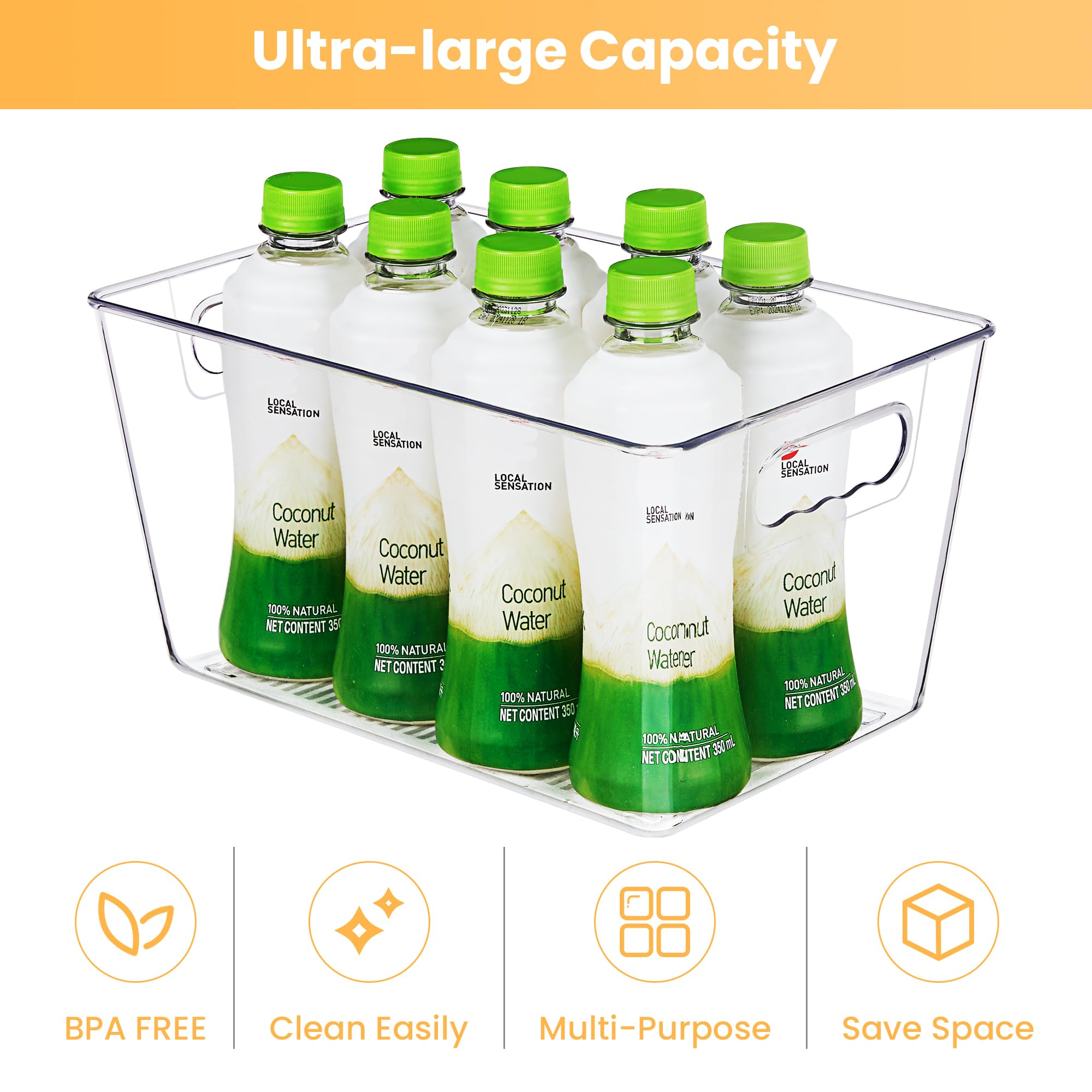 YIHONG 6 Pack Clear Storage Bins, Pantry Organizer Bins with Handle, Large