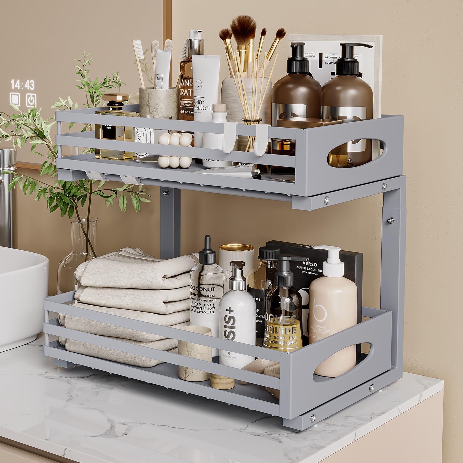 Under Sink Organizer, 2 Tier Under Sink Organizers and Storage, Adjustable Height, Slide out Metal Cabinet Organizers, Pull out Cabinet Storage Drawer Shelf for Kitchen Bathroom (Gray, 1 Pack)