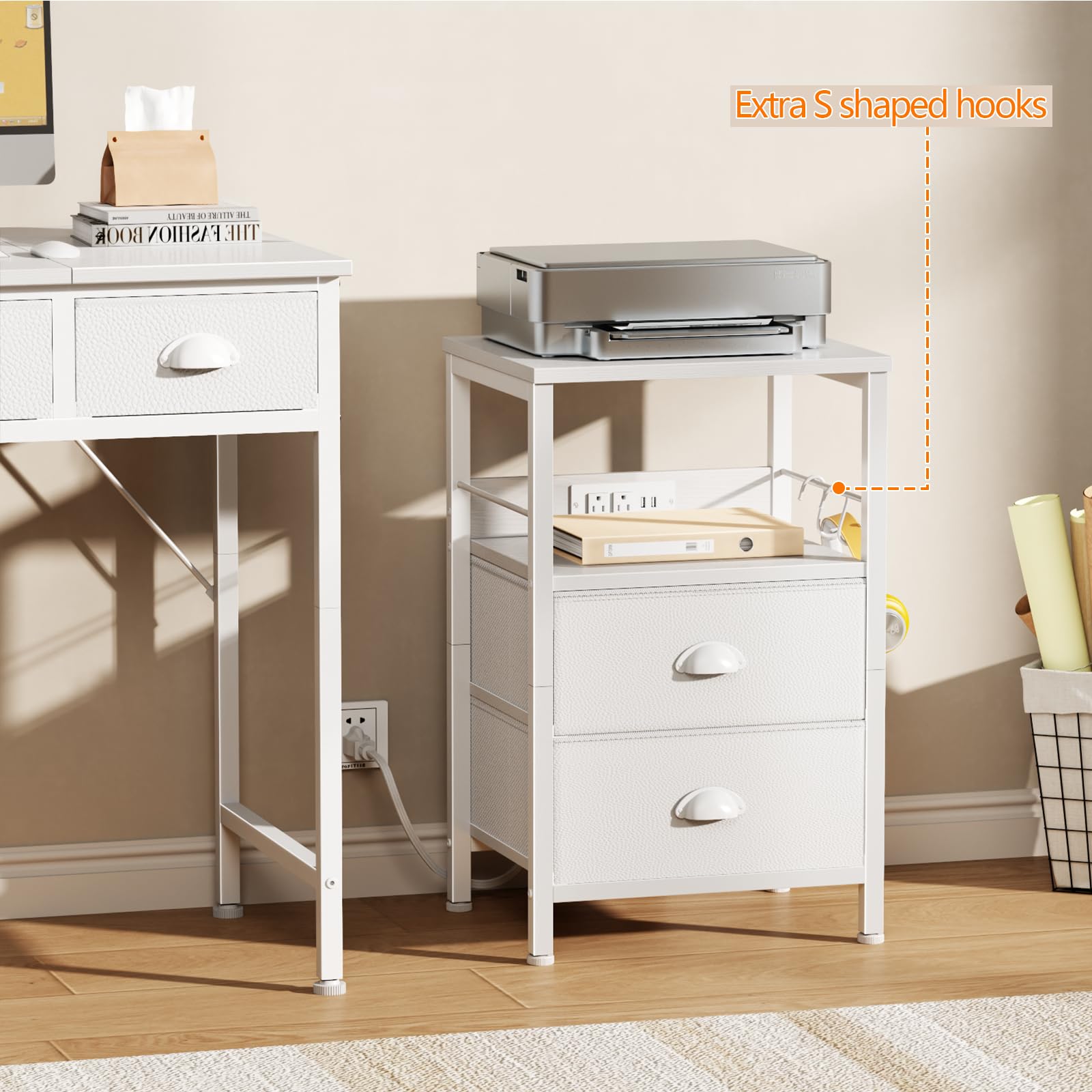 Furologee Night Stand with Charging Station, 2 Fabric Drawers, White