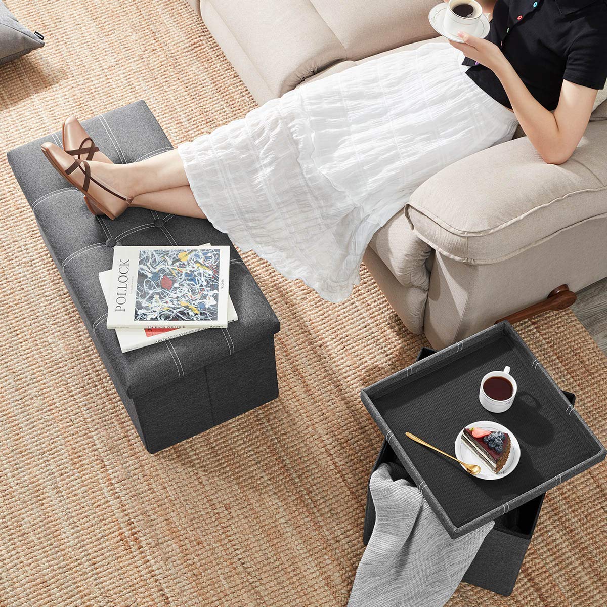 YOUDENOVA Ottoman with Storage, 30" Storage Ottoman Bench, Linen Gray