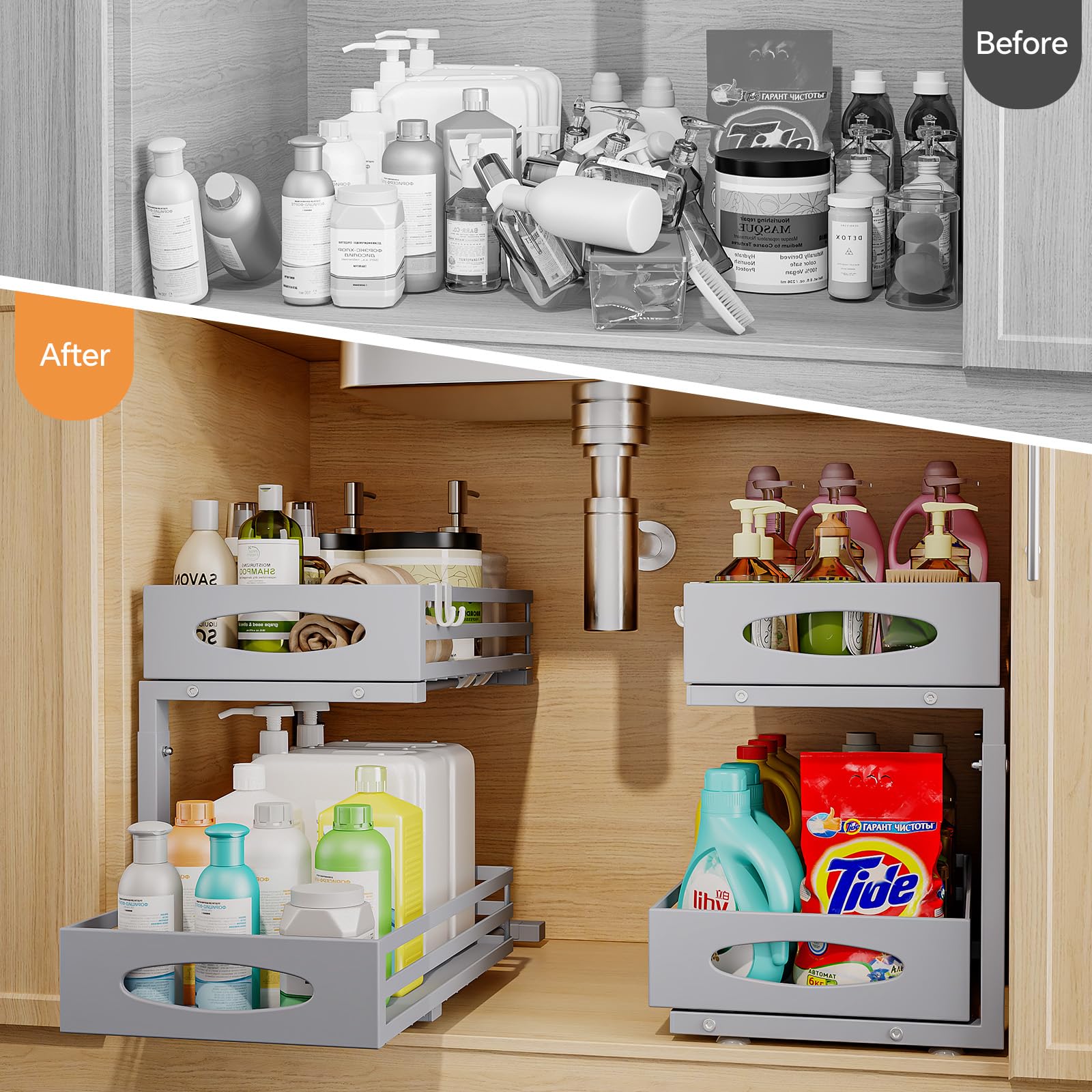 Under Sink Organizer, 2 Tier Under Sink Organizers and Storage, Adjustable Height, Slide out Metal Cabinet Organizers, Pull out Cabinet Storage Drawer Shelf for Kitchen Bathroom (Gray, 1 Pack)