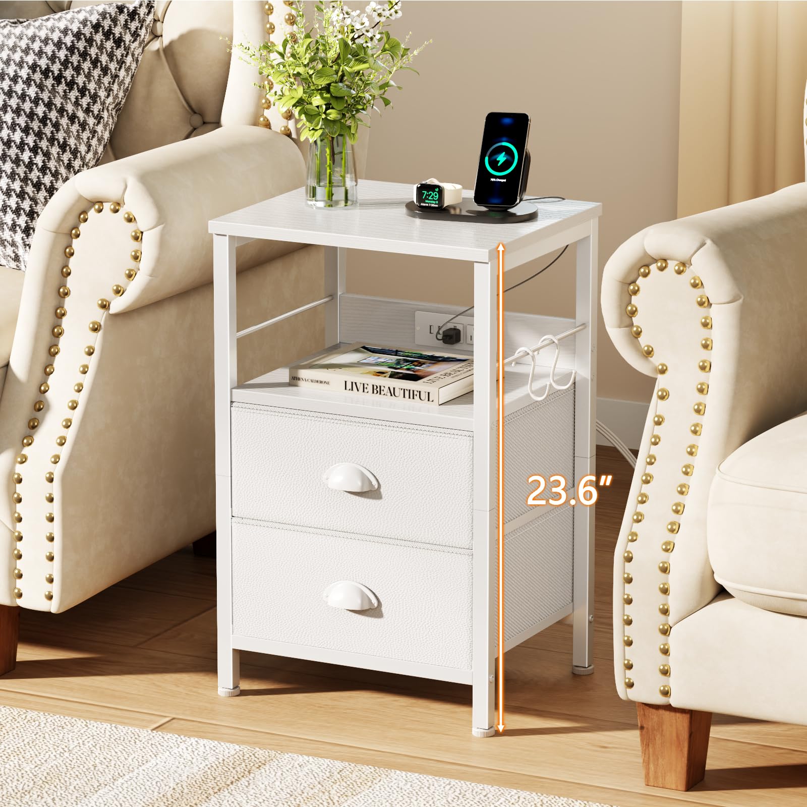 Furologee Night Stand with Charging Station, 2 Fabric Drawers, White