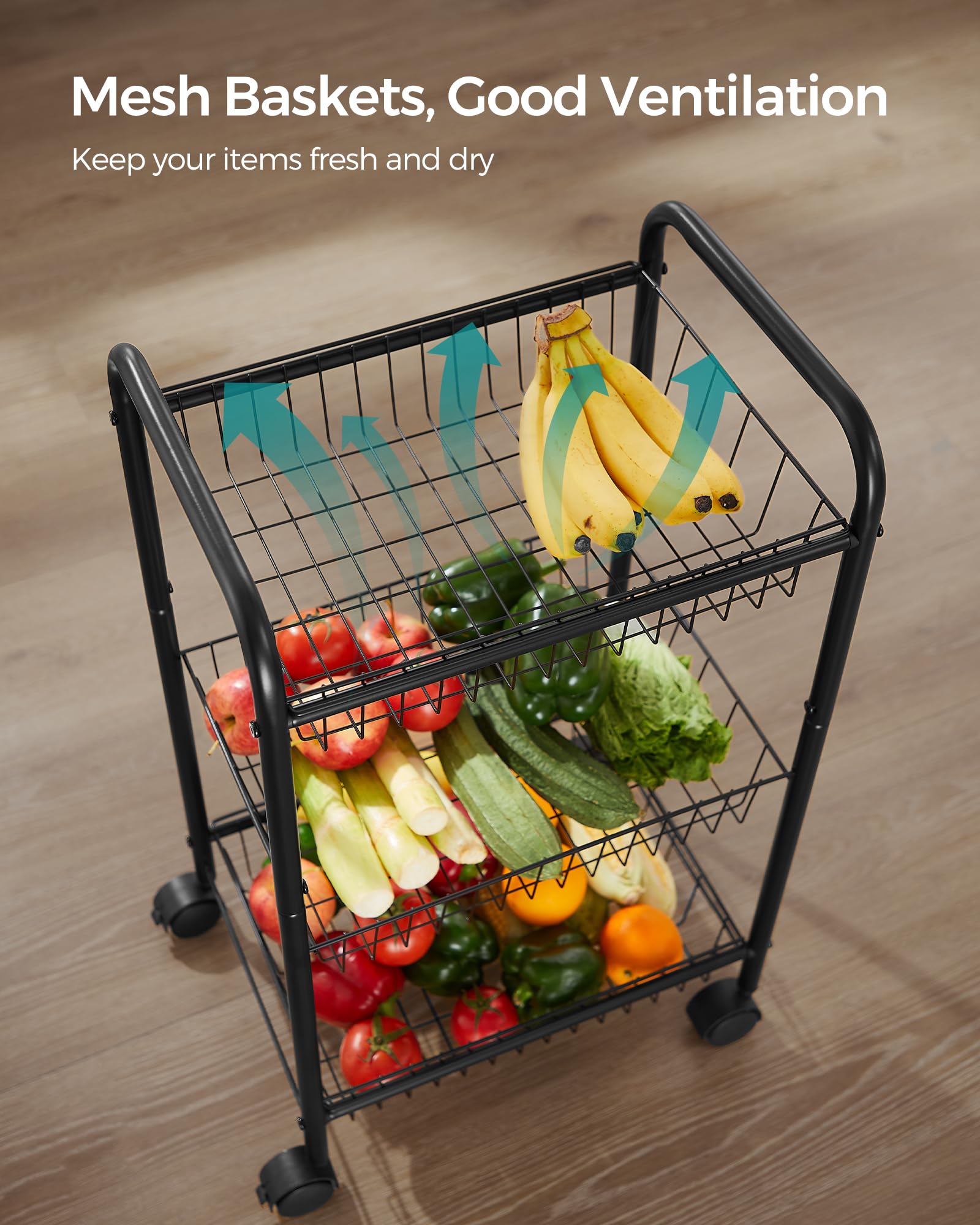 SONGMICS 3-Tier Steel Rolling Cart with Removable Baskets
