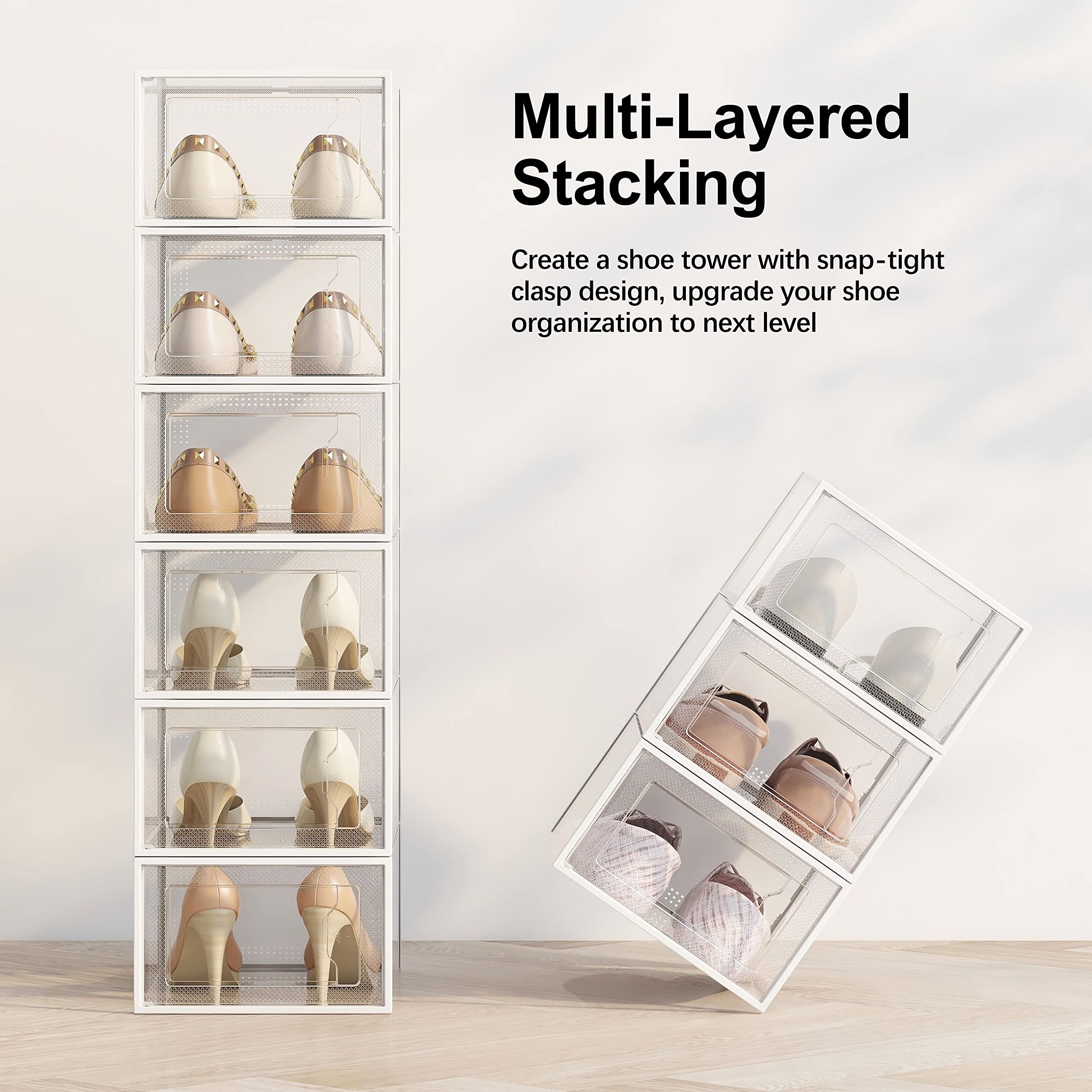 SEE SPRING 12 Pack Shoe Storage Box, Clear Plastic Stackable Shoe Organizer for Closet, Space Saving Foldable Shoe Rack Sneaker Container Bin Holder