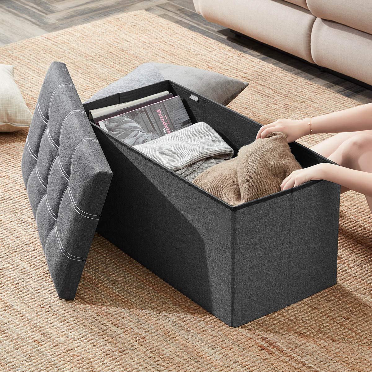 YOUDENOVA Ottoman with Storage, 30" Storage Ottoman Bench, Linen Gray
