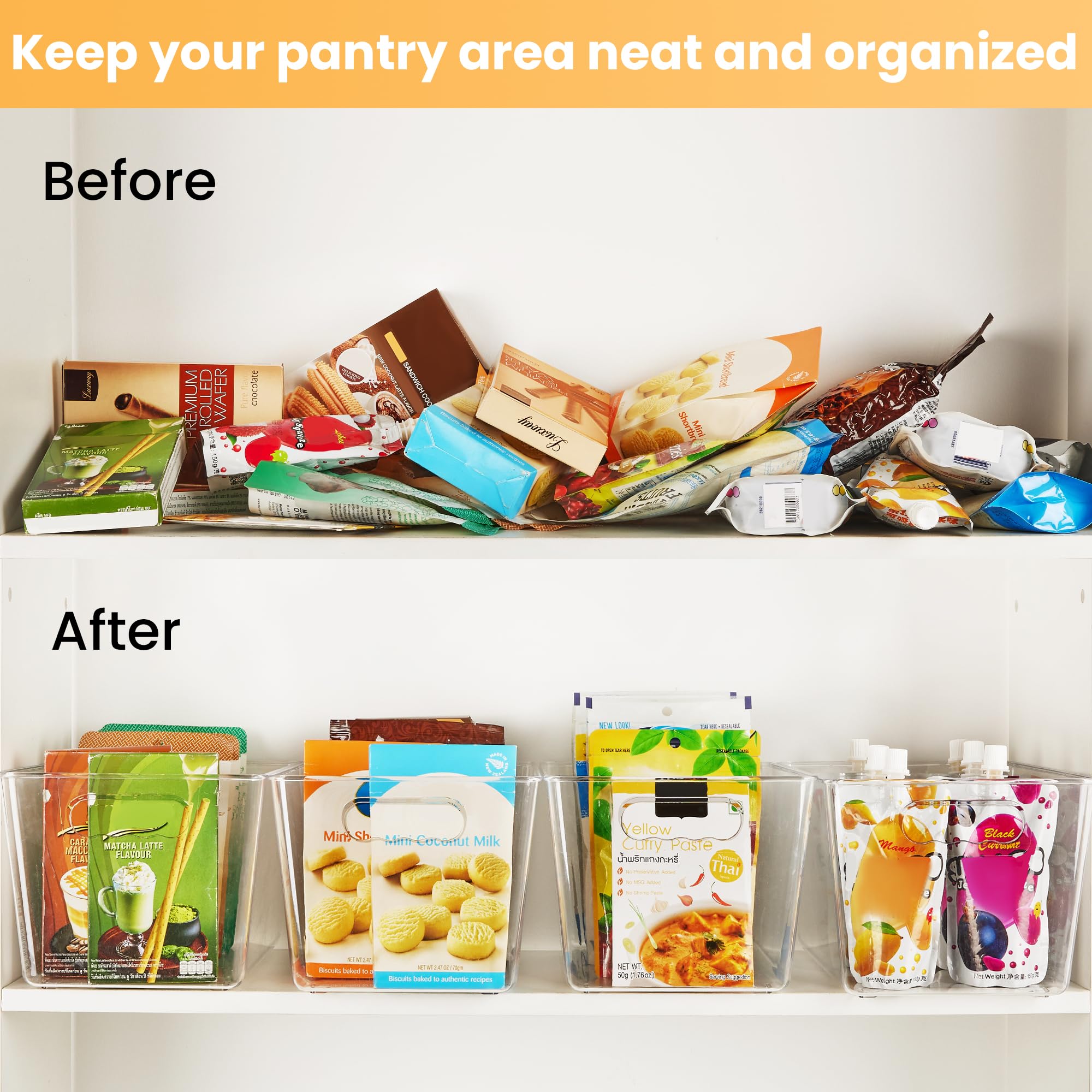 YIHONG 6 Pack Clear Storage Bins, Pantry Organizer Bins with Handle, Large