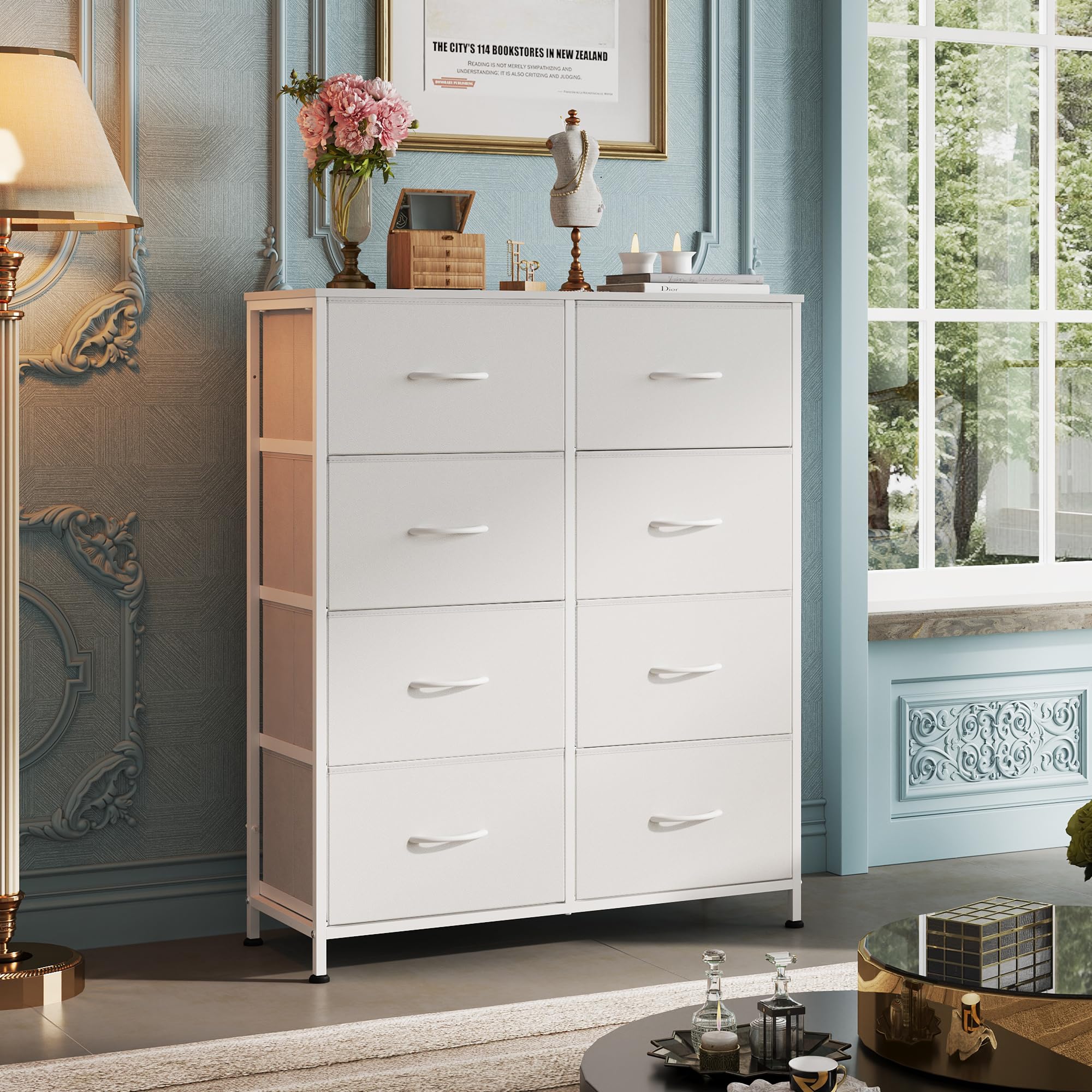 WLIVE 8 Drawer White Fabric Dresser for Bedroom, Tall Storage Tower