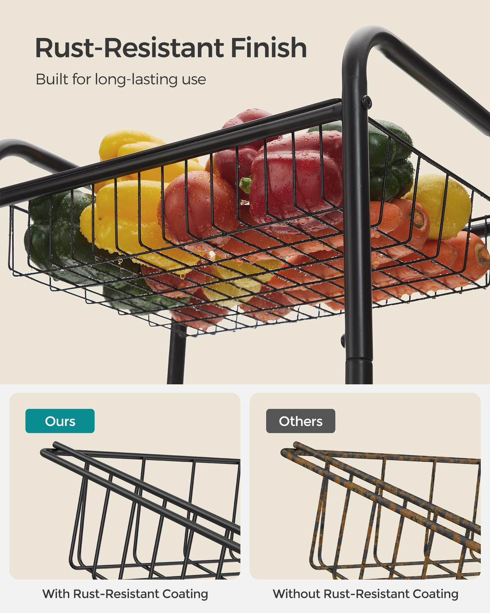 SONGMICS 3-Tier Steel Rolling Cart with Removable Baskets