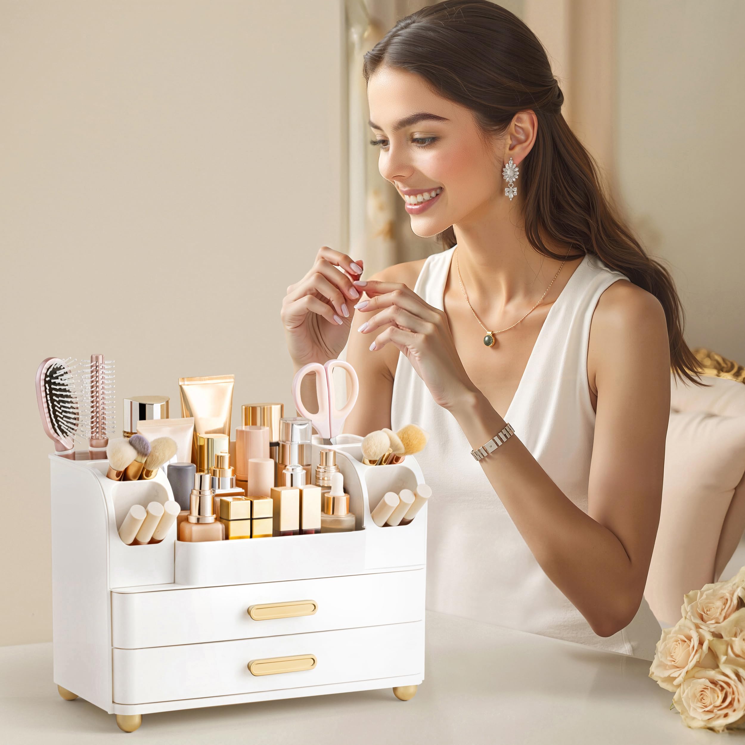 HBlife Makeup Organizer for Vanity with Brush Holder, Large Bathroom Countertop Cosmetic Organizer Skin Care Storage, Easy to Store Lipsticks, Nail Polishes, Perfumes, Eyeshadow Palettes, All White