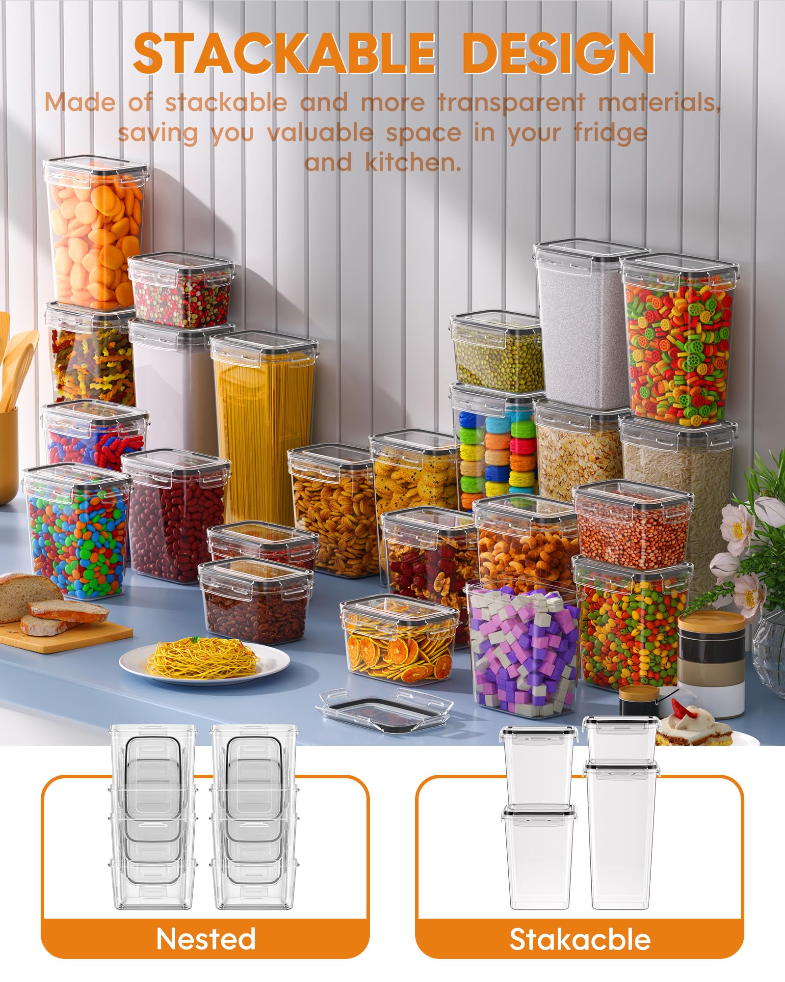 KEMETHY 36 PCS Airtight Food Storage Containers with Lids, Kitchen Pantry Organization and Storage, BPA-Free Plastic Scale Food Canisters for Cereal, Flour, Sugar, Dry Food, Include Labels & Marker