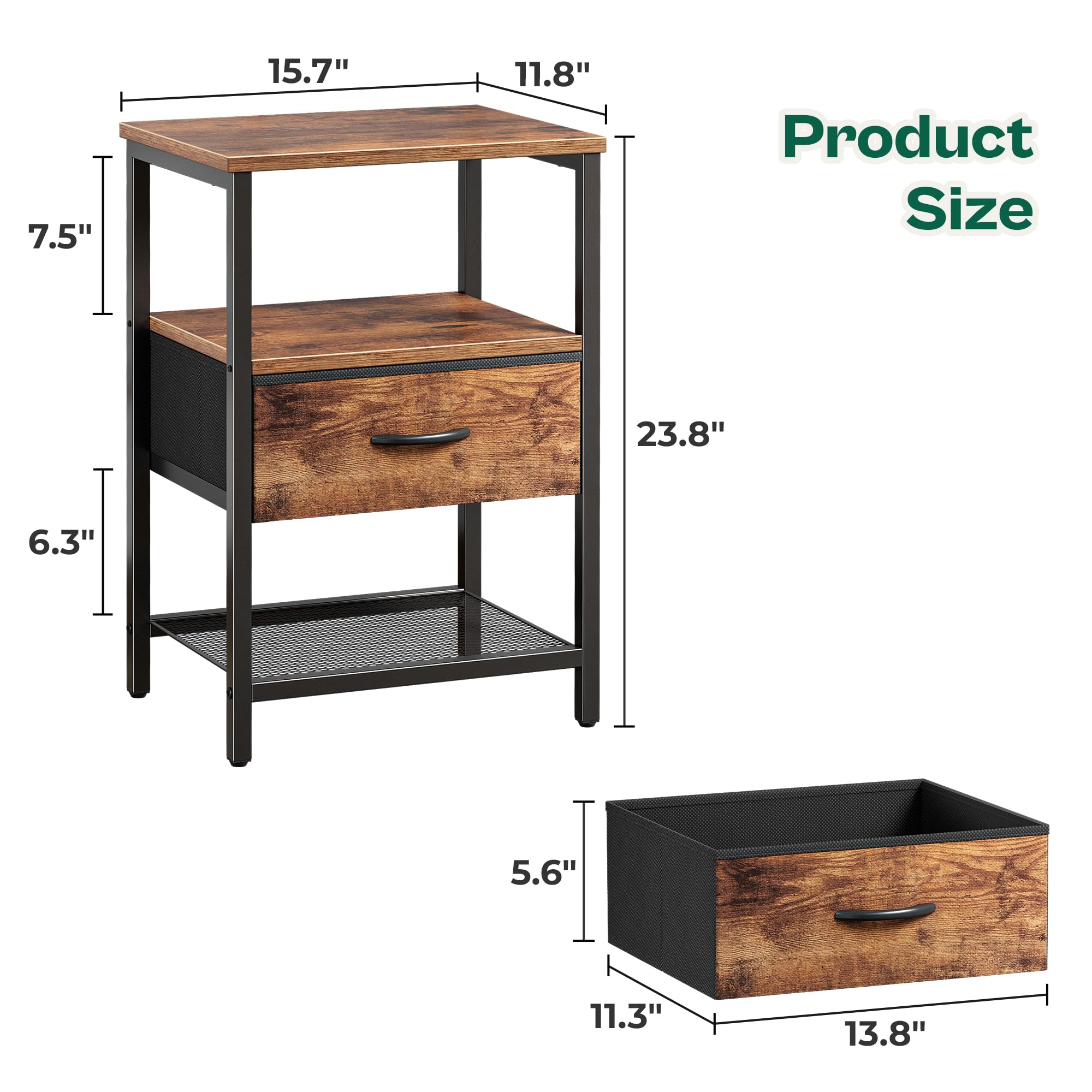 Huuger Nightstand Set of 2, Night Stand with Fabric Drawer, Mesh Shelf