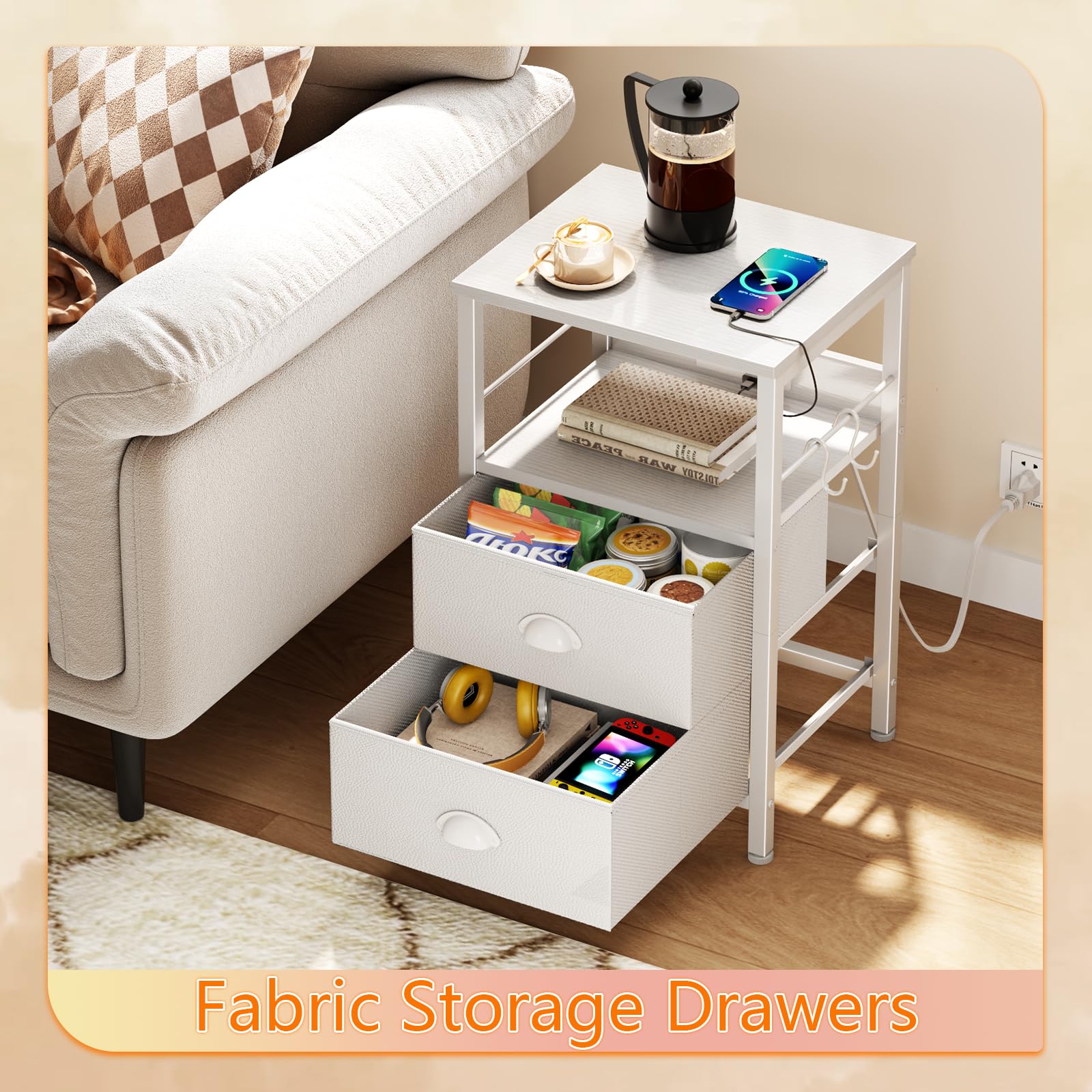 Furologee Night Stand with Charging Station, 2 Fabric Drawers, White
