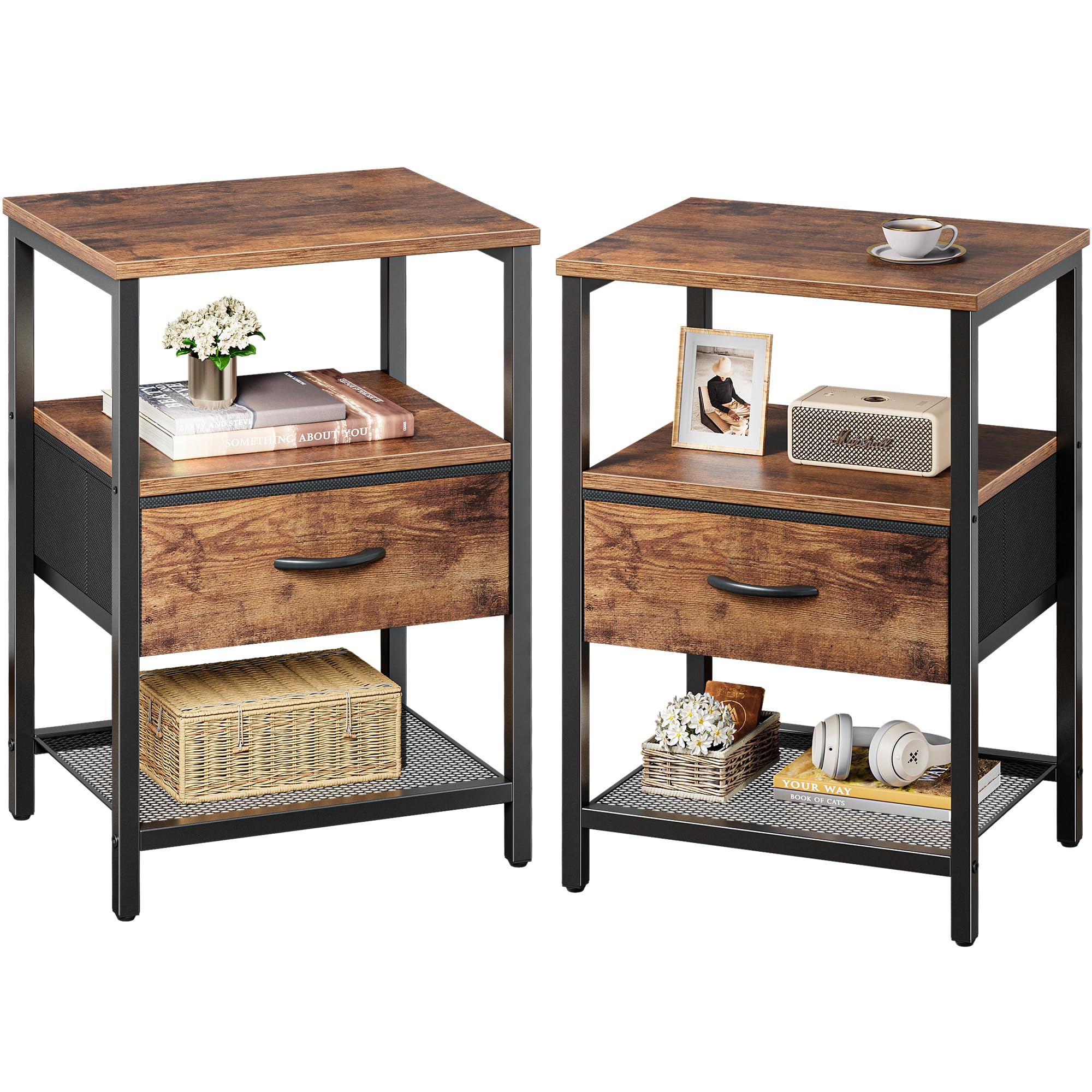 Huuger Nightstand Set of 2, Night Stand with Fabric Drawer, Mesh Shelf
