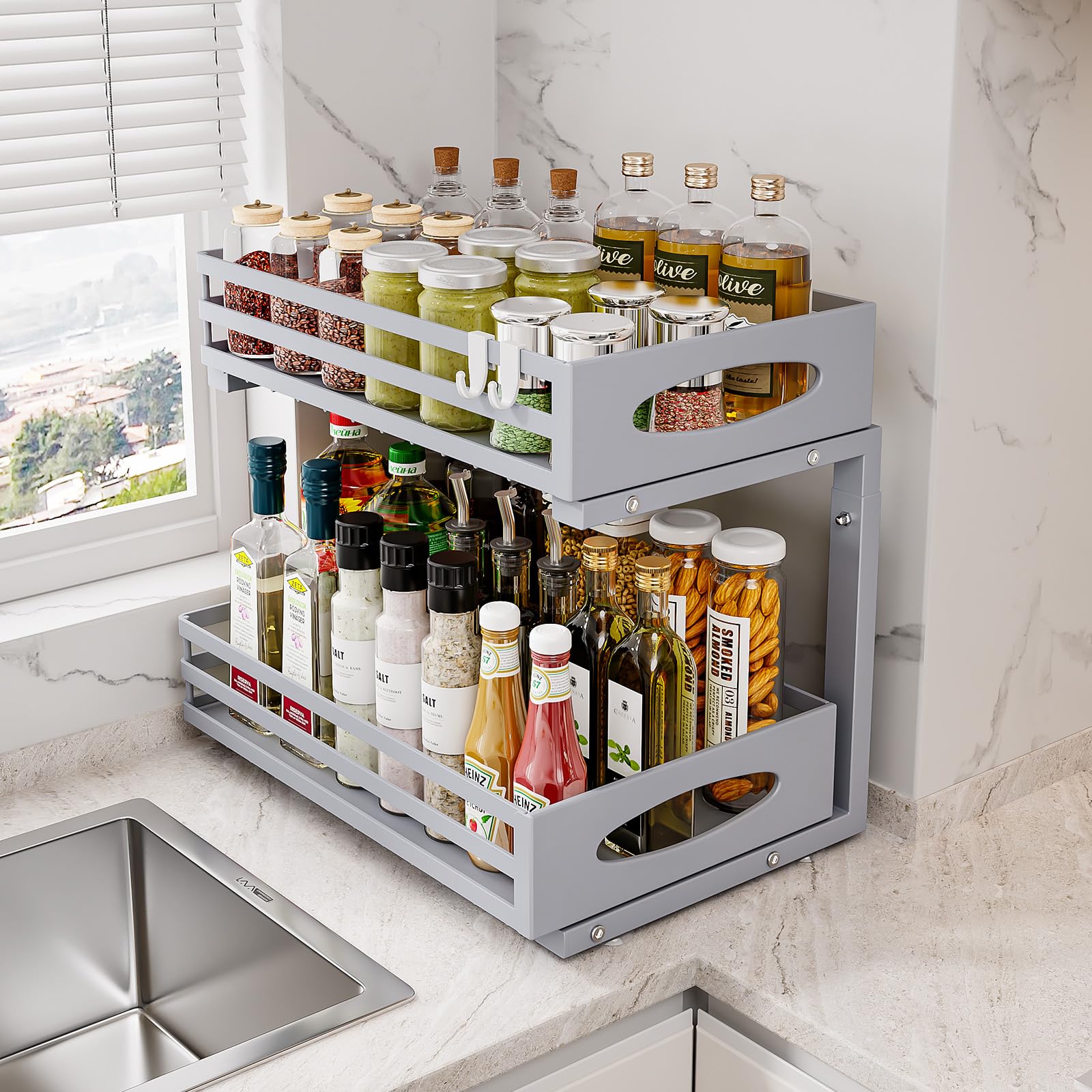 Under Sink Organizer, 2 Tier Under Sink Organizers and Storage, Adjustable Height, Slide out Metal Cabinet Organizers, Pull out Cabinet Storage Drawer Shelf for Kitchen Bathroom (Gray, 1 Pack)
