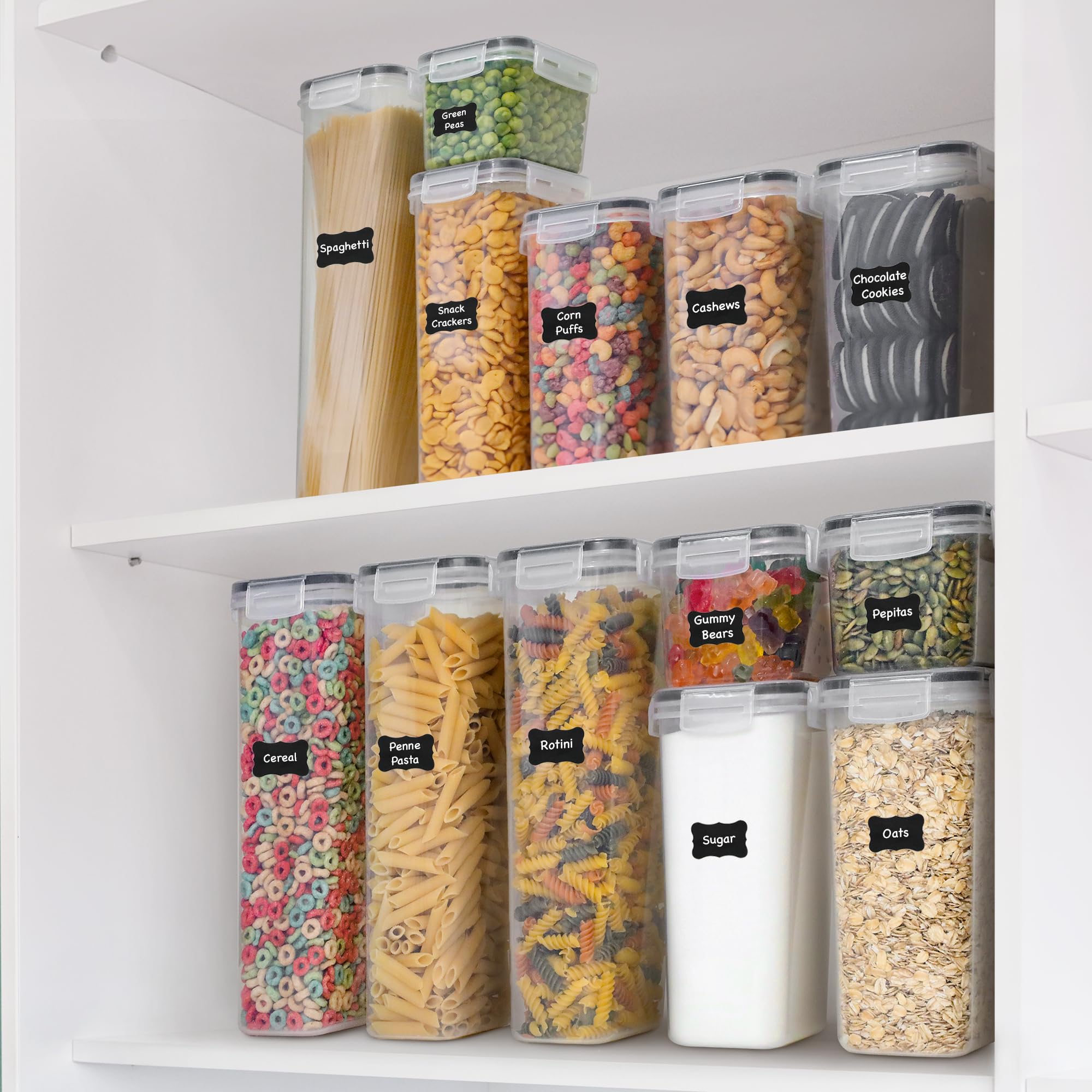 Freshware Kitchen Storage Containers with Lids, 48 PCS Airtight Food Storage Containers, Plastic Kitchen Containers, Pantry Containers for Cereal, Dry Food, Includes Labels, Marker & Measuring Spoons