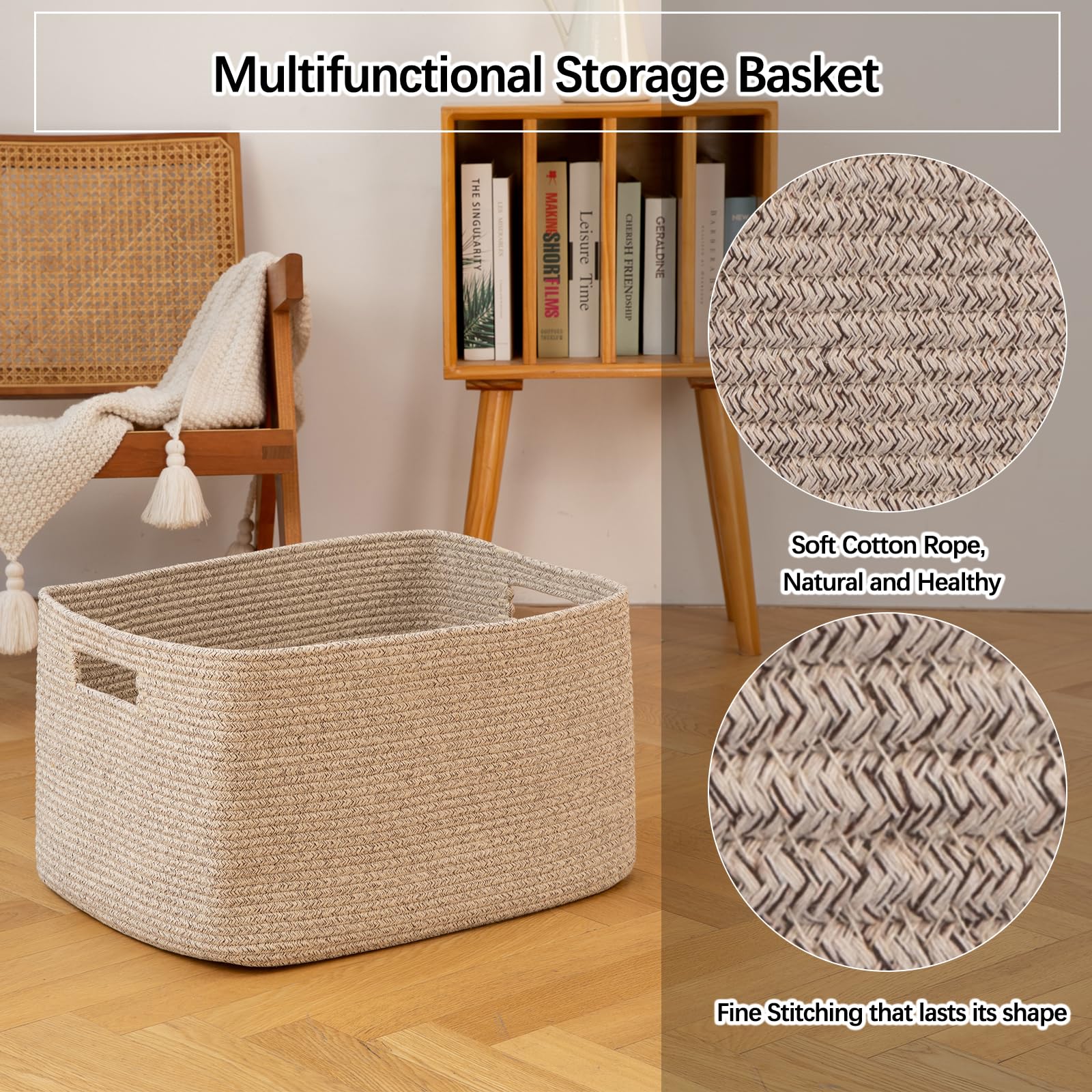 OIAHOMY 75L Large Blanket Basket Woven Cotton Rope Storage Basket Brown