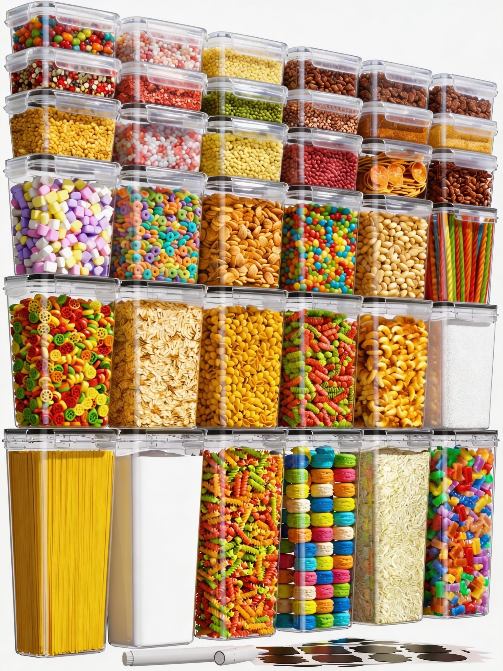 KEMETHY 36 PCS Airtight Food Storage Containers with Lids, Kitchen Pantry Organization and Storage, BPA-Free Plastic Scale Food Canisters for Cereal, Flour, Sugar, Dry Food, Include Labels & Marker