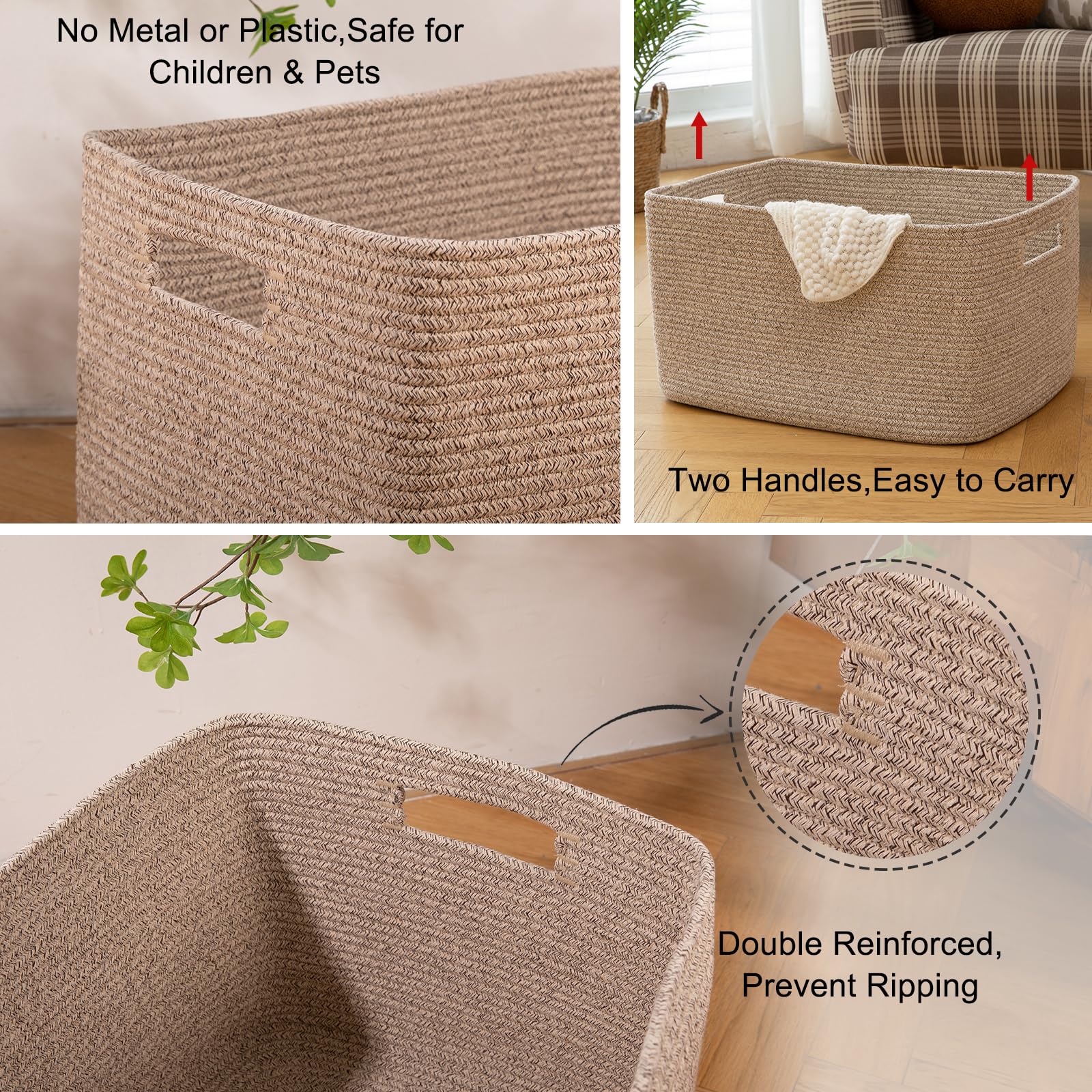 OIAHOMY 75L Large Blanket Basket Woven Cotton Rope Storage Basket Brown