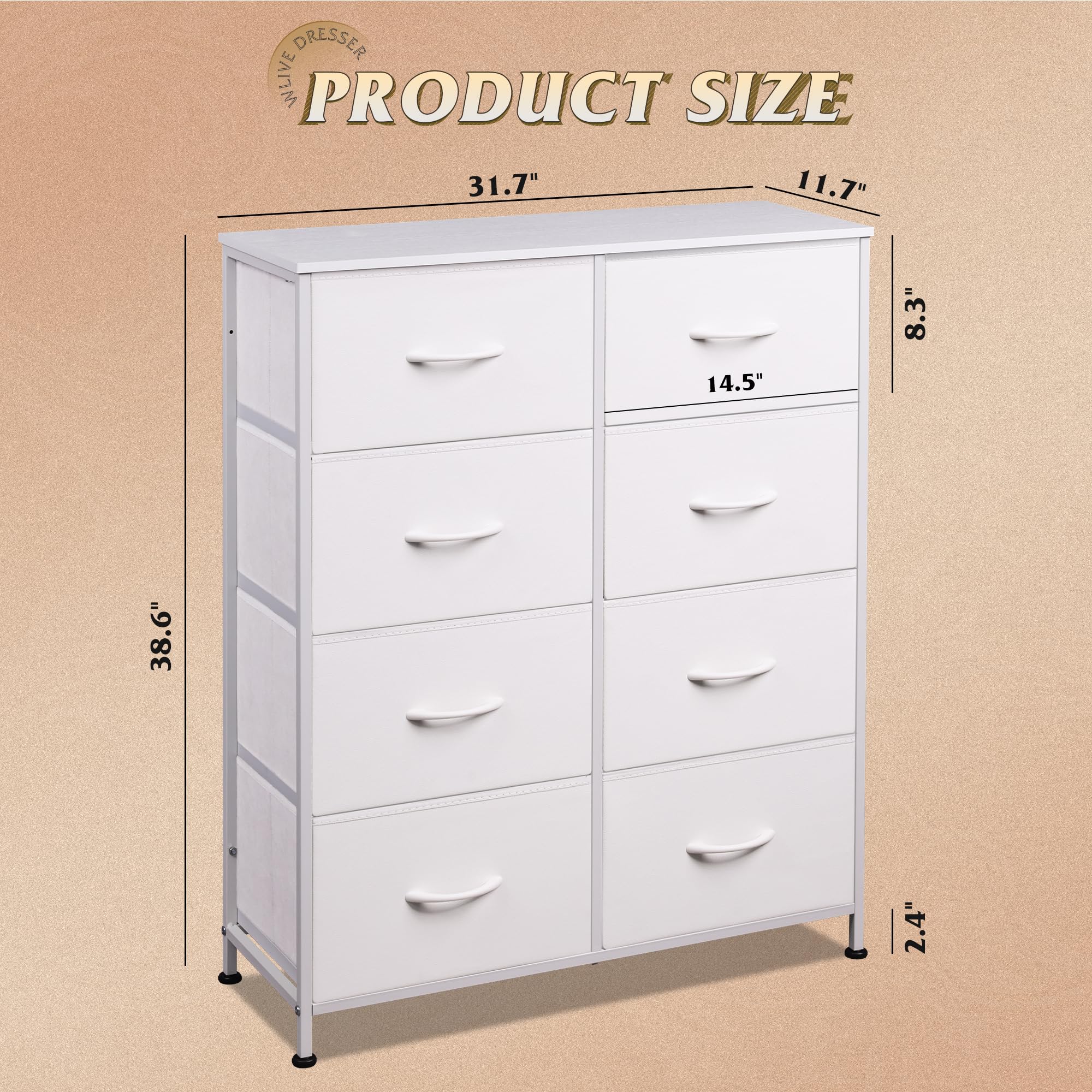 WLIVE 8 Drawer White Fabric Dresser for Bedroom, Tall Storage Tower