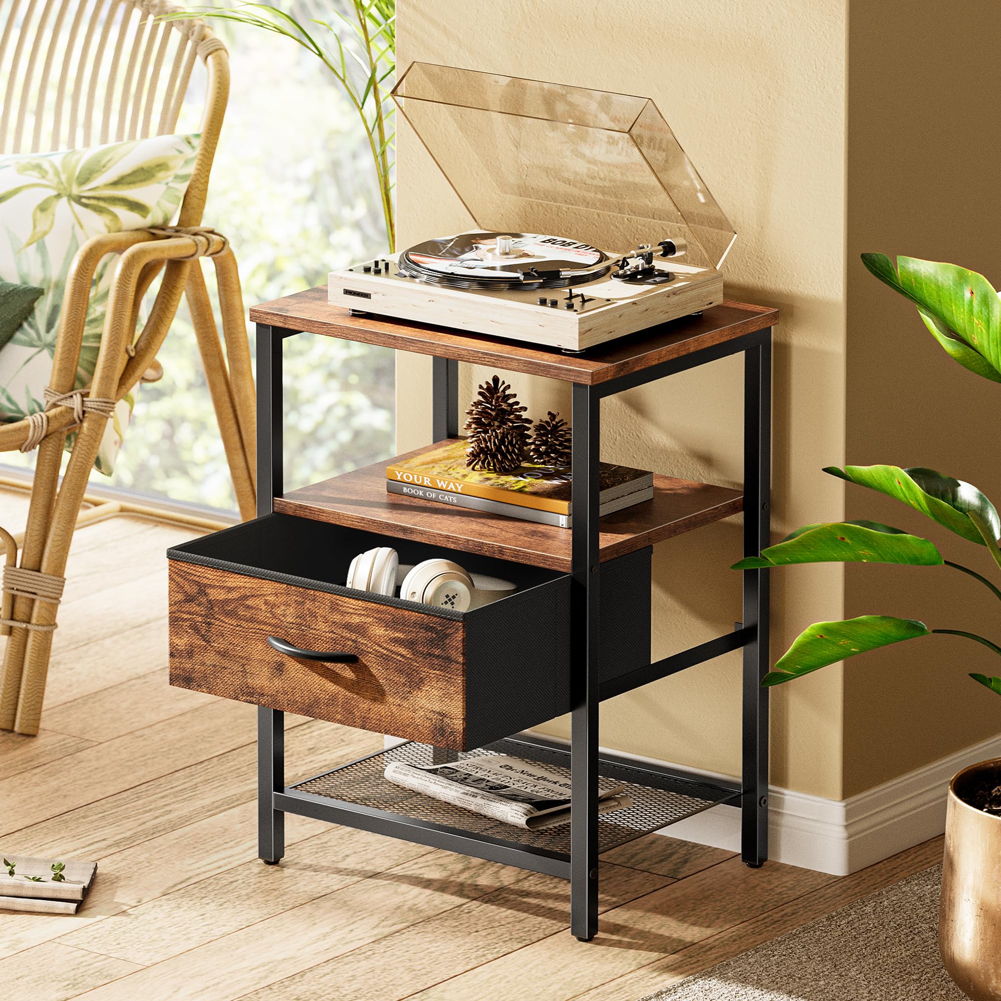 Huuger Nightstand Set of 2, Night Stand with Fabric Drawer, Mesh Shelf