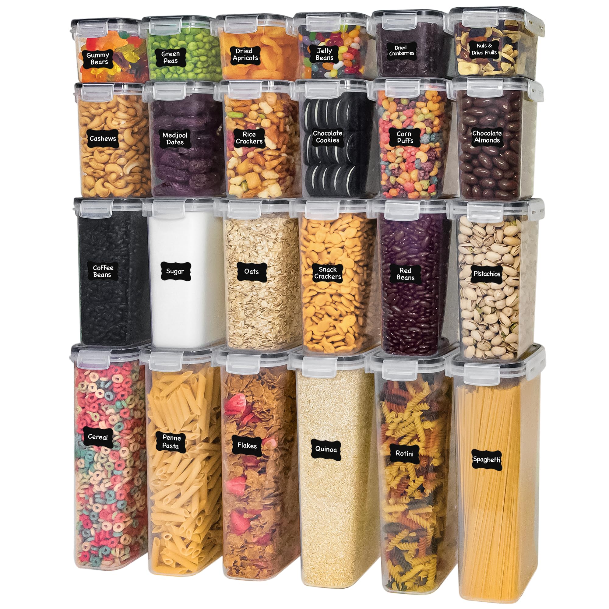 Freshware Kitchen Storage Containers with Lids, 48 PCS Airtight Food Storage Containers, Plastic Kitchen Containers, Pantry Containers for Cereal, Dry Food, Includes Labels, Marker & Measuring Spoons