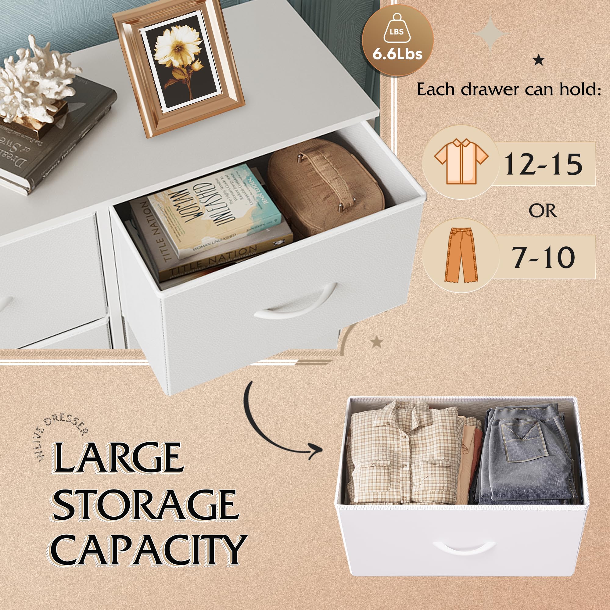 WLIVE 8 Drawer White Fabric Dresser for Bedroom, Tall Storage Tower