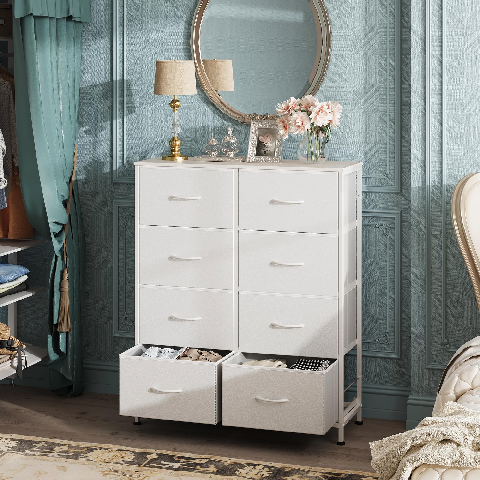 WLIVE 8 Drawer White Fabric Dresser for Bedroom, Tall Storage Tower