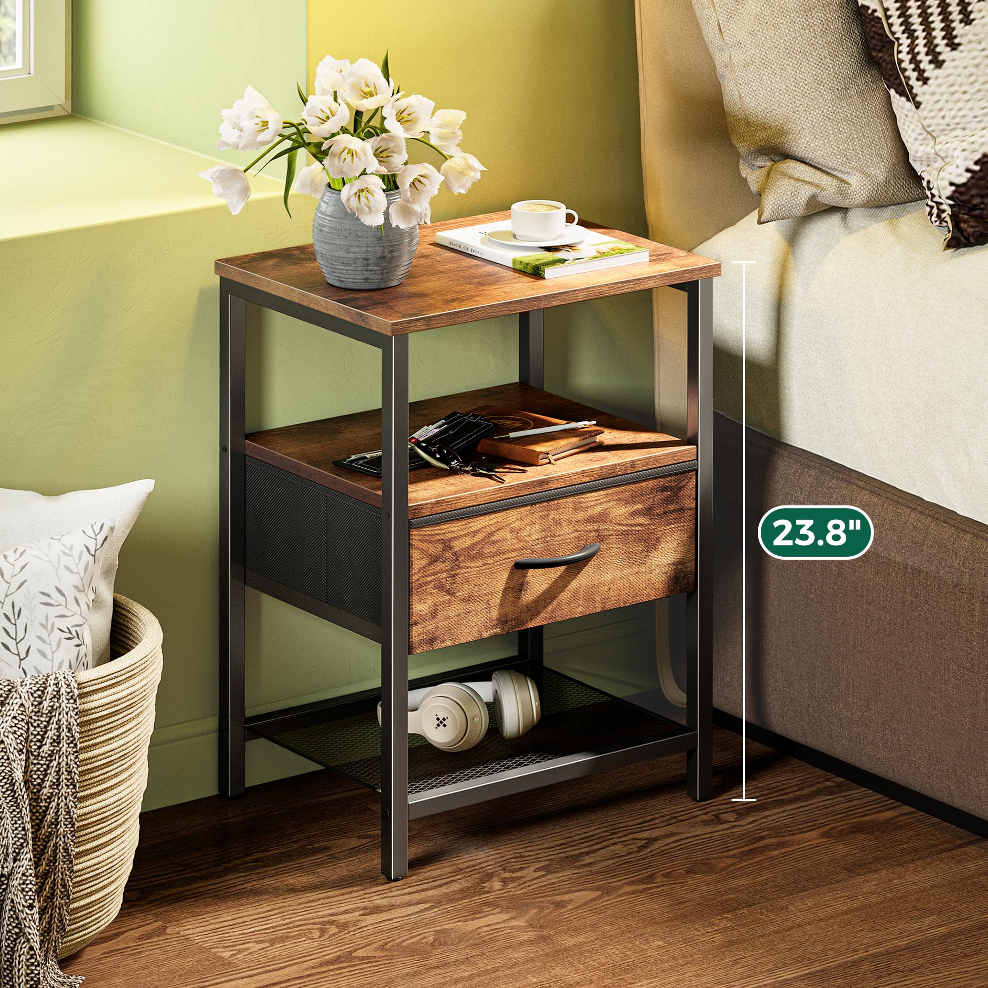 Huuger Nightstand Set of 2, Night Stand with Fabric Drawer, Mesh Shelf