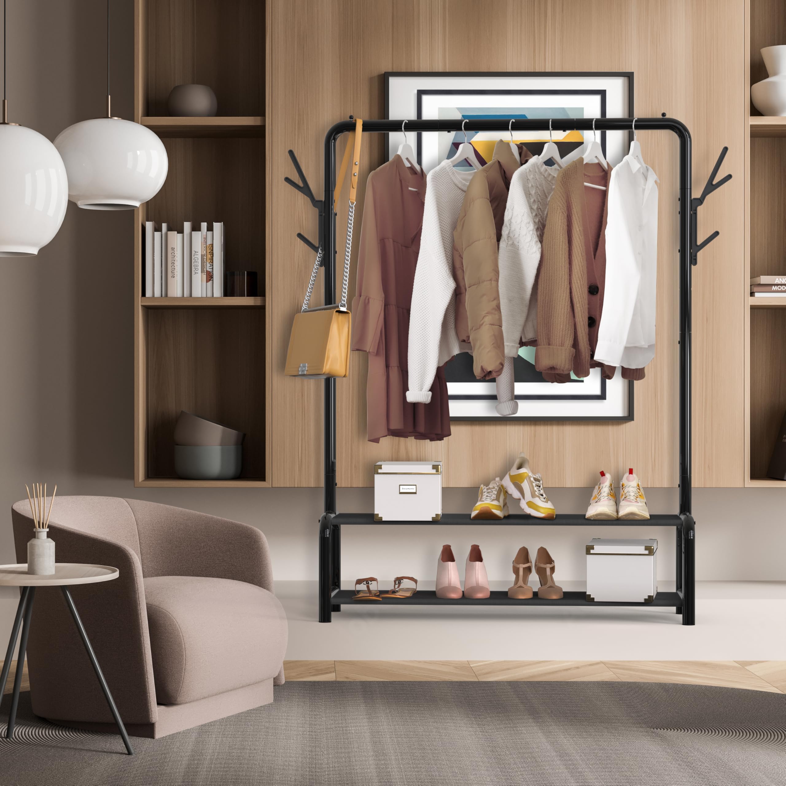 Simple Houseware 52" W Freestanding Closet Garment Rack with Shelves, Black
