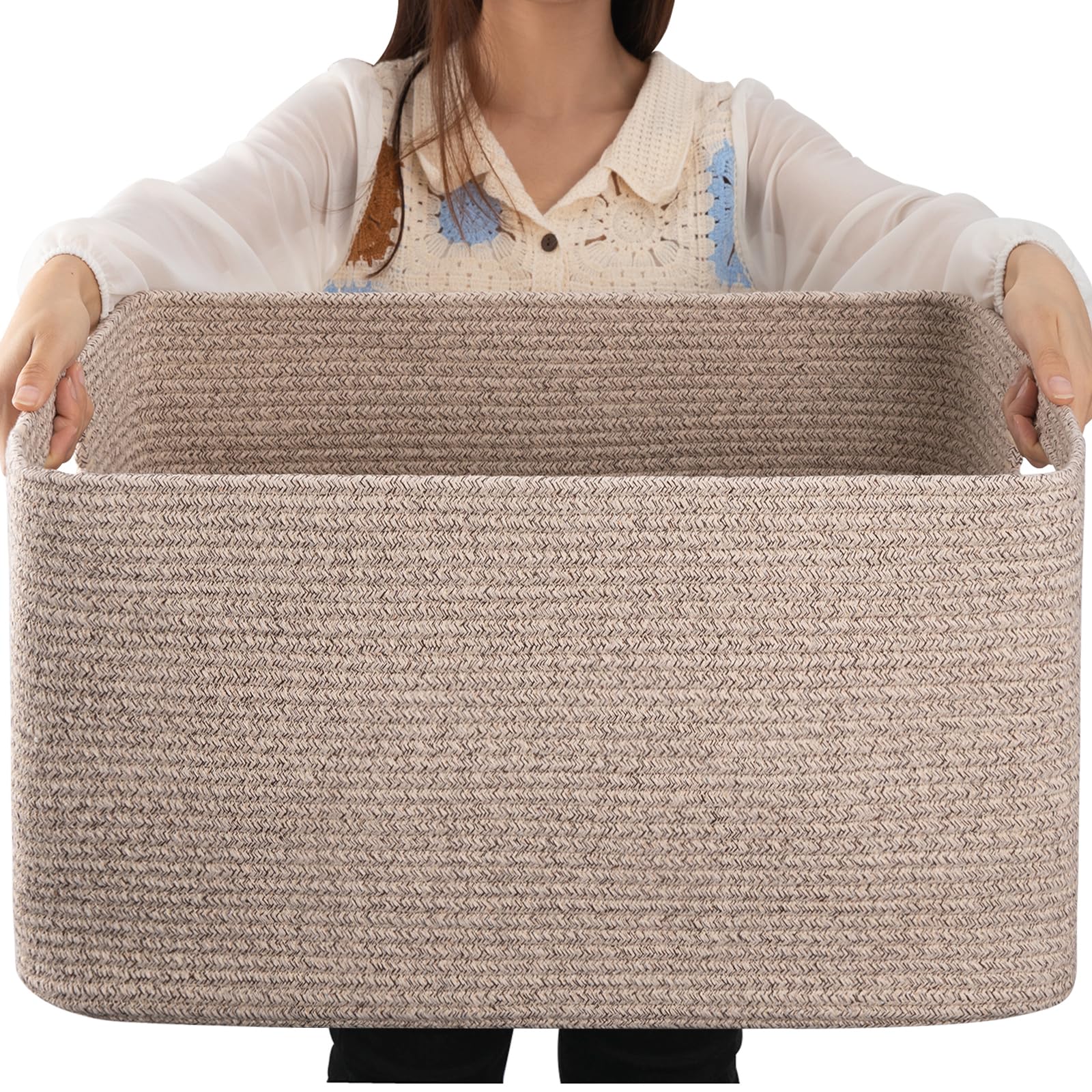 OIAHOMY 75L Large Blanket Basket Woven Cotton Rope Storage Basket Brown
