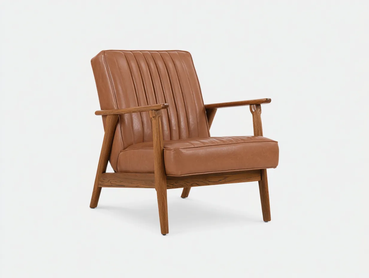 Fauteuil inclinable 76×82×88 cm - cuir marron et bois naturel - design rétro pour salon-Losaspace