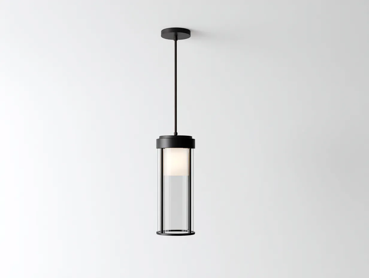 Lustre de terrasse 26×26×82 cm – métal noir et verre transparent – suspension cylindrique pour balcon-Vovoralydwell