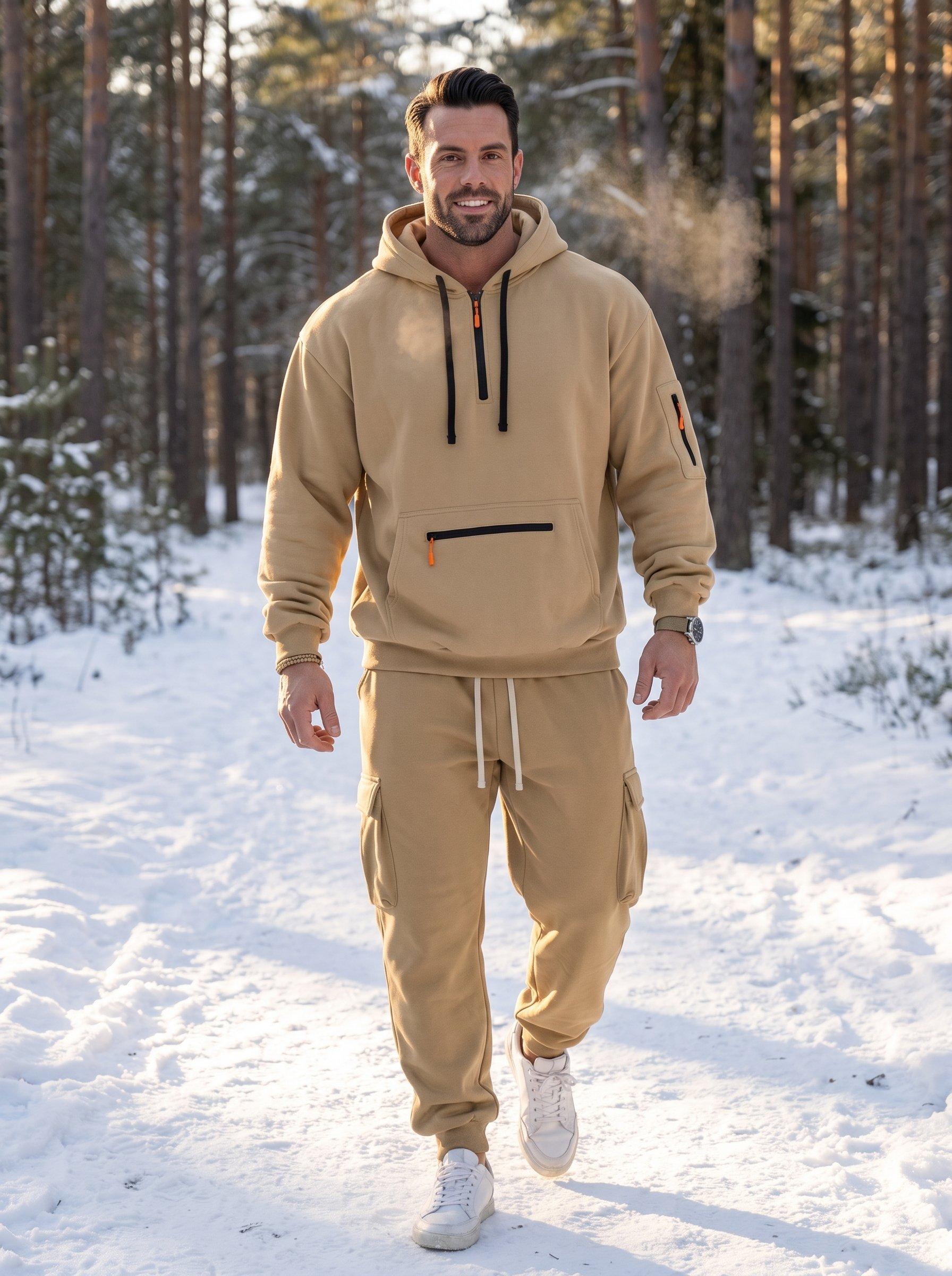 KZZ Men's 2-Piece Activewear Set - Cozy Long-Sleeve Fleece-Lined Workwear Jacket & Loose-Fit Pants with Multiple Pockets for Winter Work-to-Casual Menswear Clothing