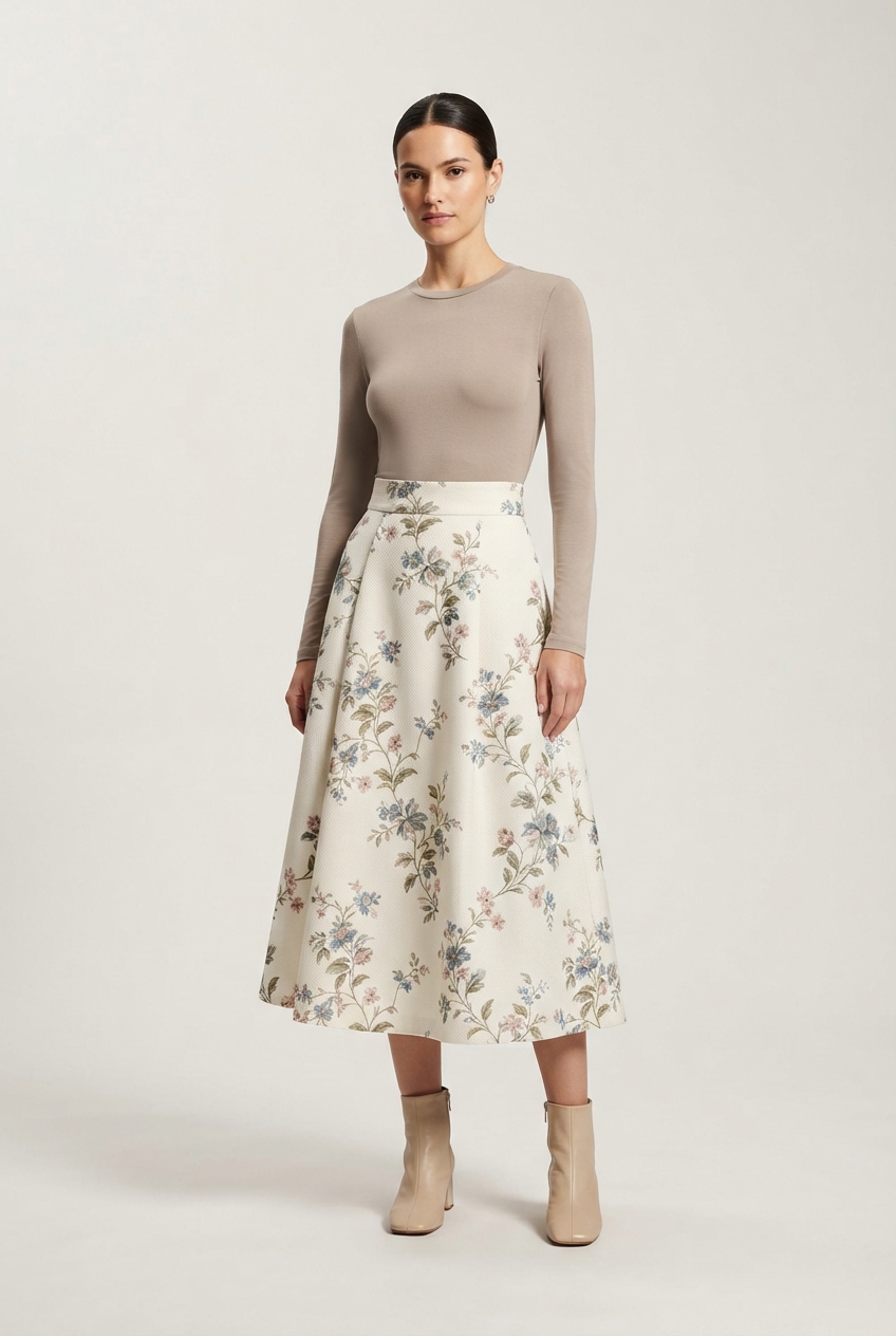 Floral midi skirt on model