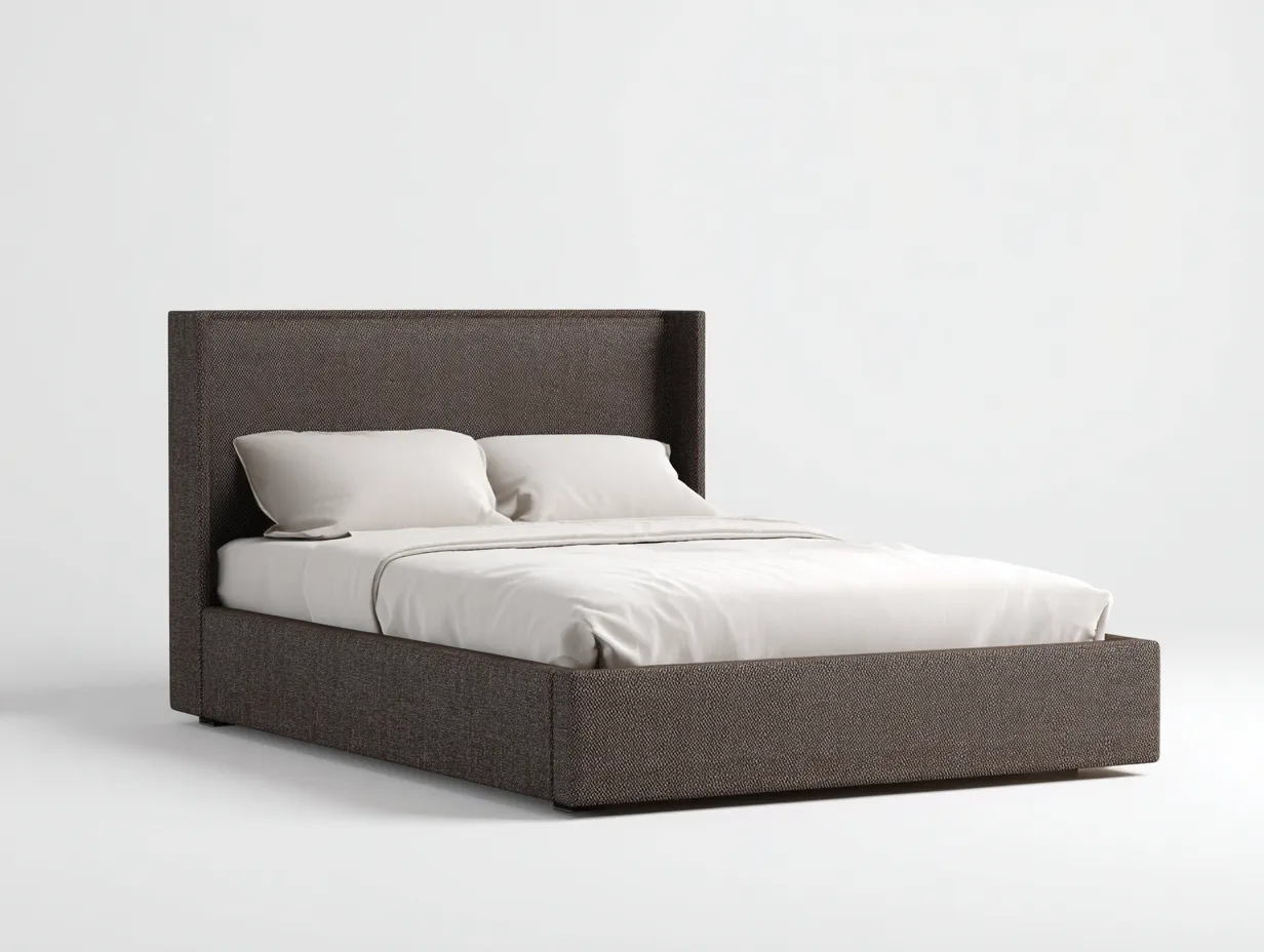 Lit double tapissé 220×170×110 cm – tissu brun foncé – cadre bas contemporain pour chambre
