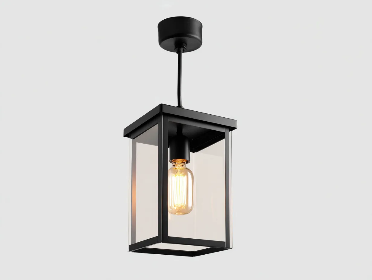 Lustre de terrasse 20×20×36 cm - métal noir et verre transparent - suspension moderne pour balcon