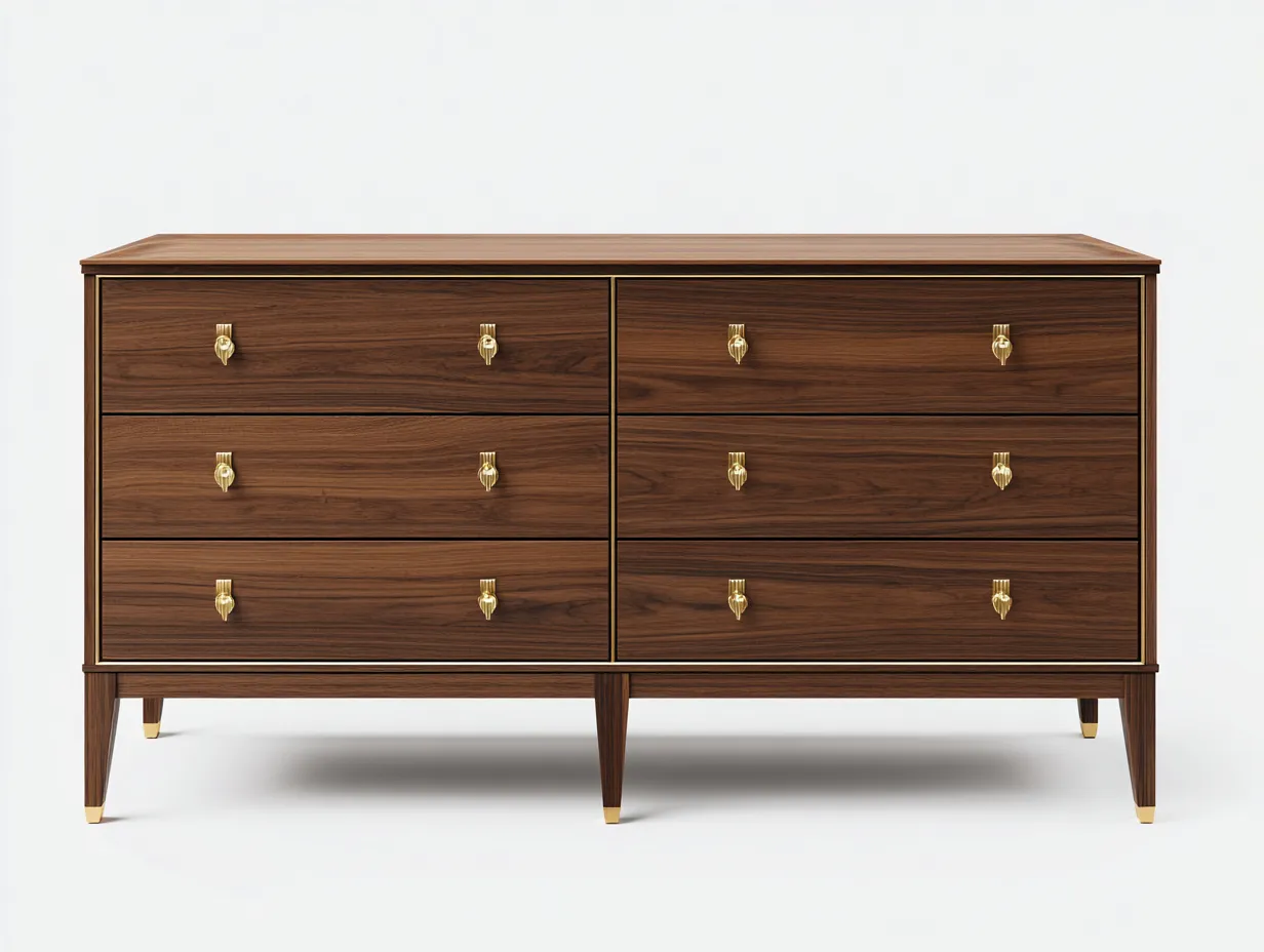 Garde-robe basse en bois 160×45×80 cm - bois foncé et doré - rangement chambre style rétro