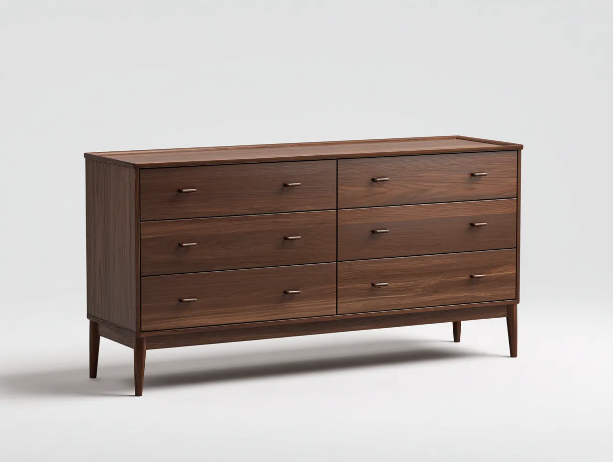 Commode de chambre 140×45×80 cm – bois brun foncé – rangement surélevé style milieu du siècle