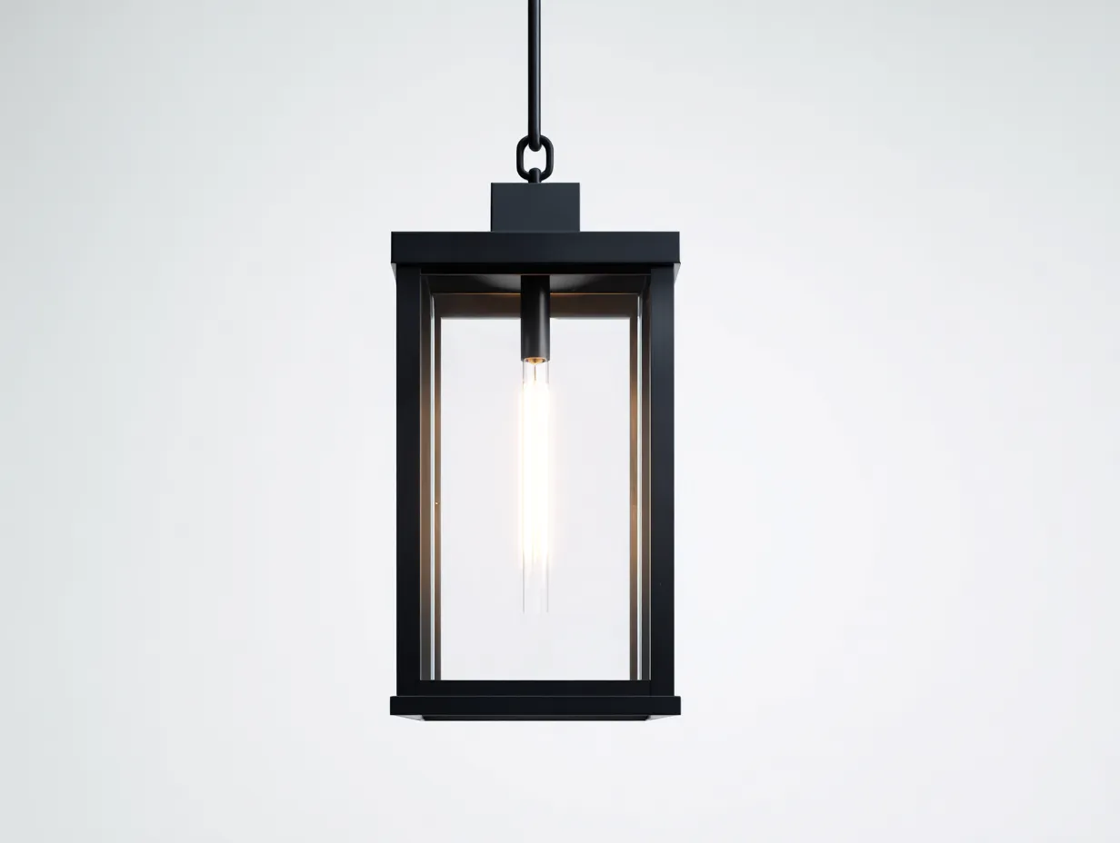 Lustre de terrasse 22×22×50 cm - métal noir et verre transparent - suspension lanterne moderne pour balcon